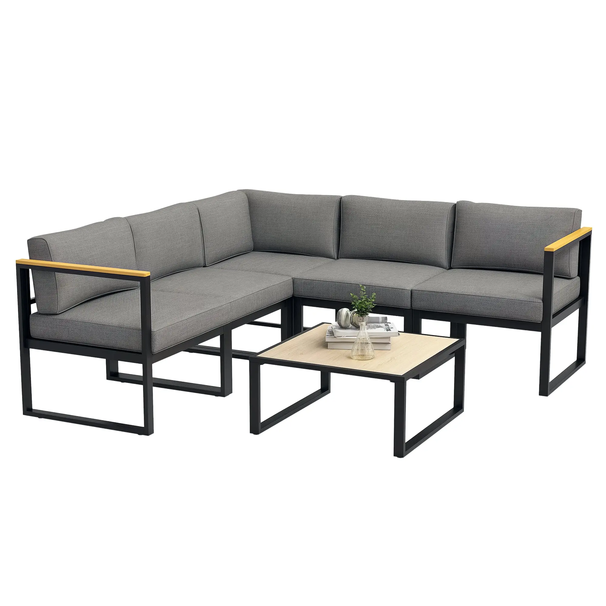 Garden Sofa Set 6 Piece Outdoor Lounge Set with Coffee Table, Grey Aluminium Patio Sectional Sofa with Thick Cushions, Modular Garden Corner Furniture for Patio, Terrace and Balcony