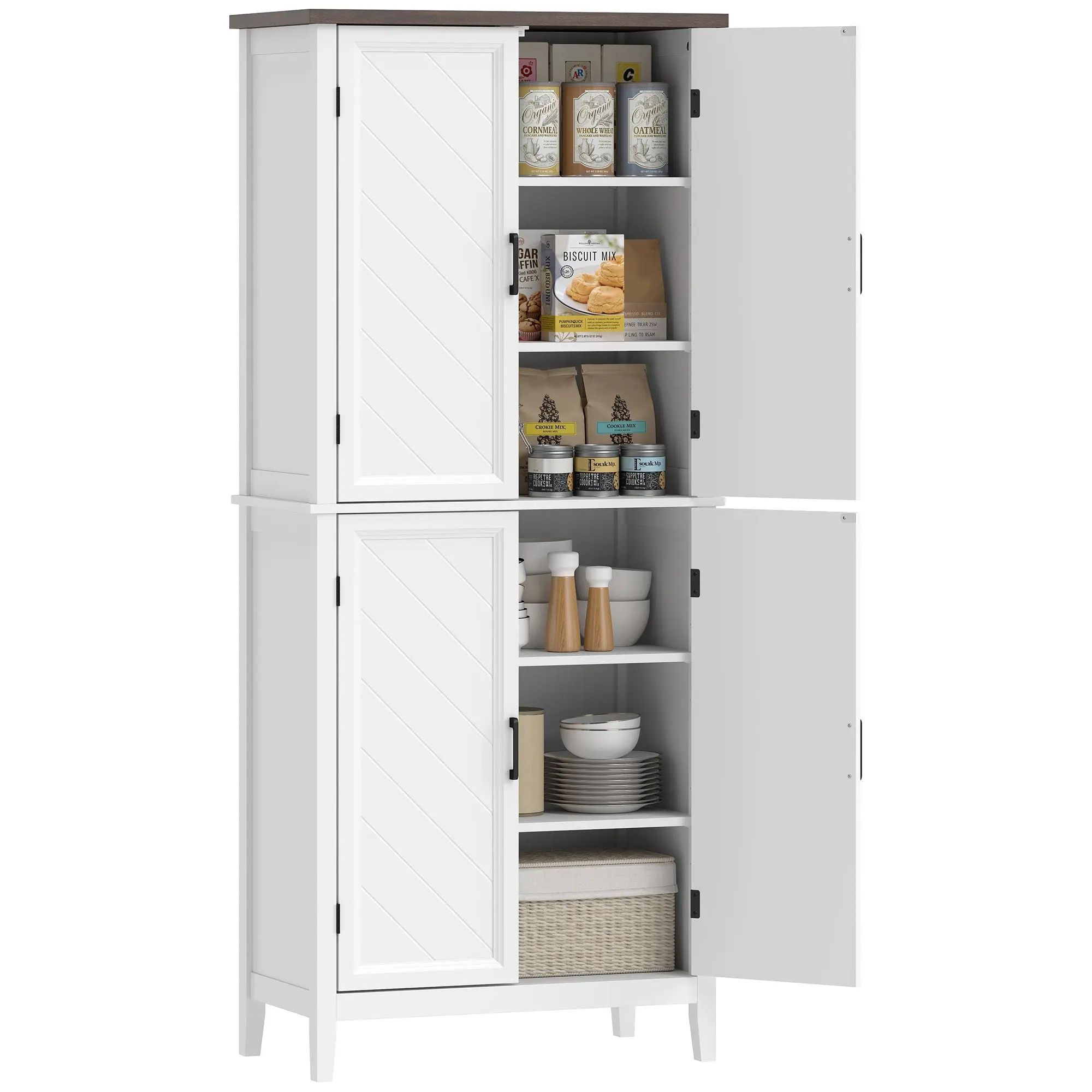 6-Tier Tall Kitchen Cabinet / Pantry, 4 Chevron Doors, 4 Adjustable Shelves, Rustic White with Wood-Effect Top — 76 x 40 x 178.5 cm