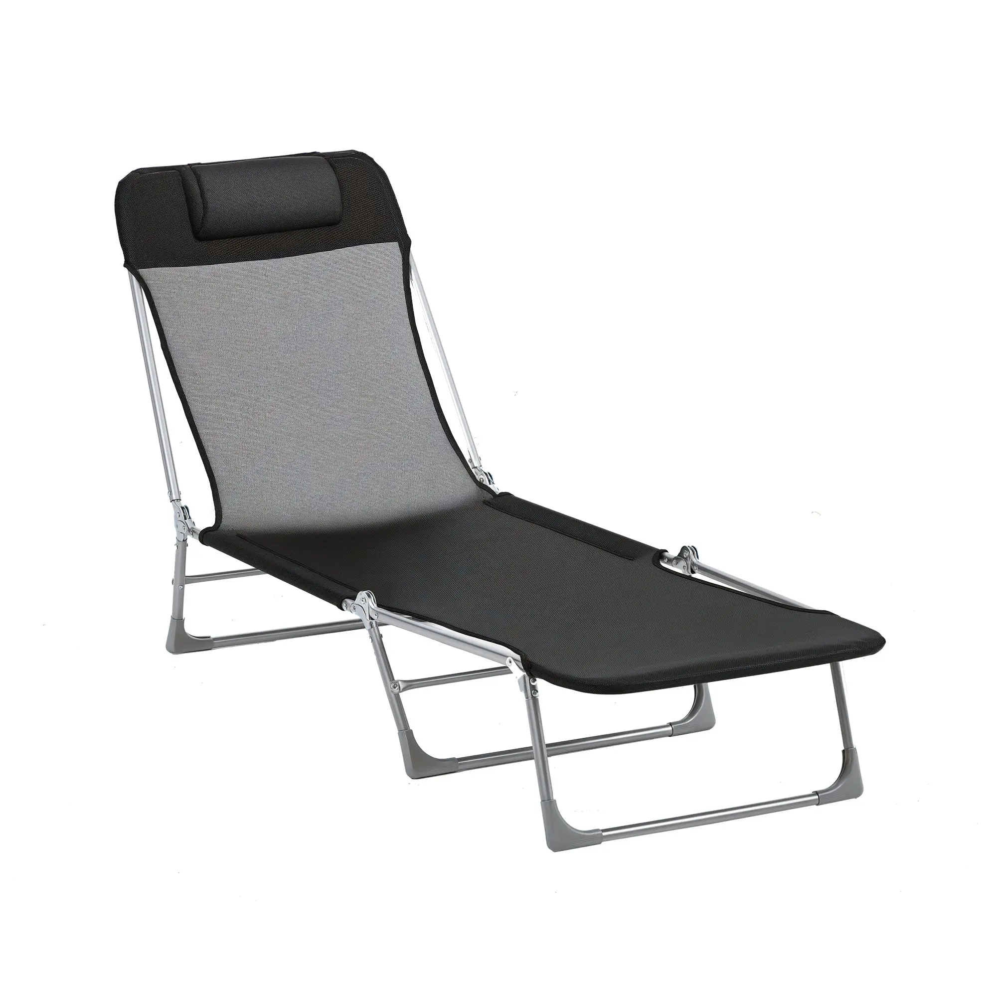 Folding and Reclining Garden Sun Lounger with Adjustable Headrest and Backrest in 5 Levels Breathable Texteline Fabric 182x56x28 cm Black