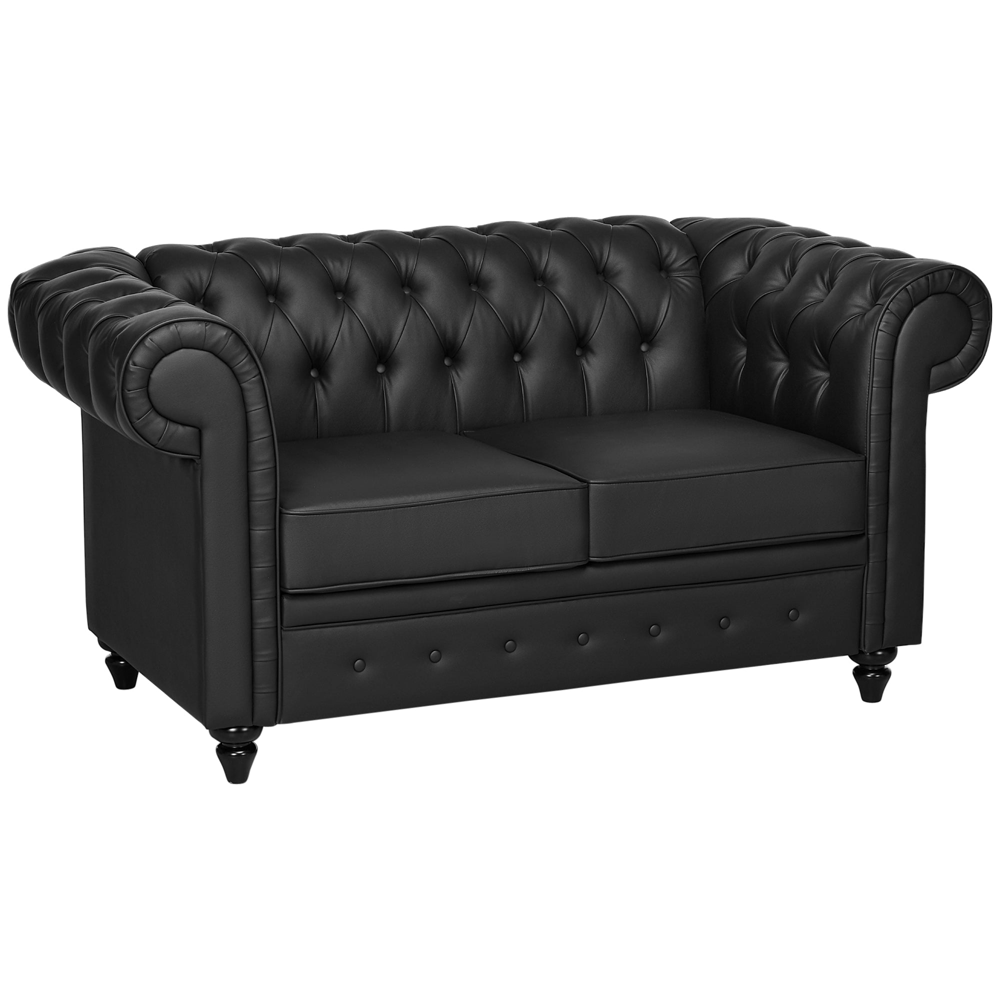 HOMCOM 2-Sitzer Chesterfield Stil Kunstleder Sofa, Gepolsterte Loveseat mit Armlehnen und Dicke Polsterung, Sofa mit Gummiholzbeinen für Wohnzimmer und Büro, Schwarz