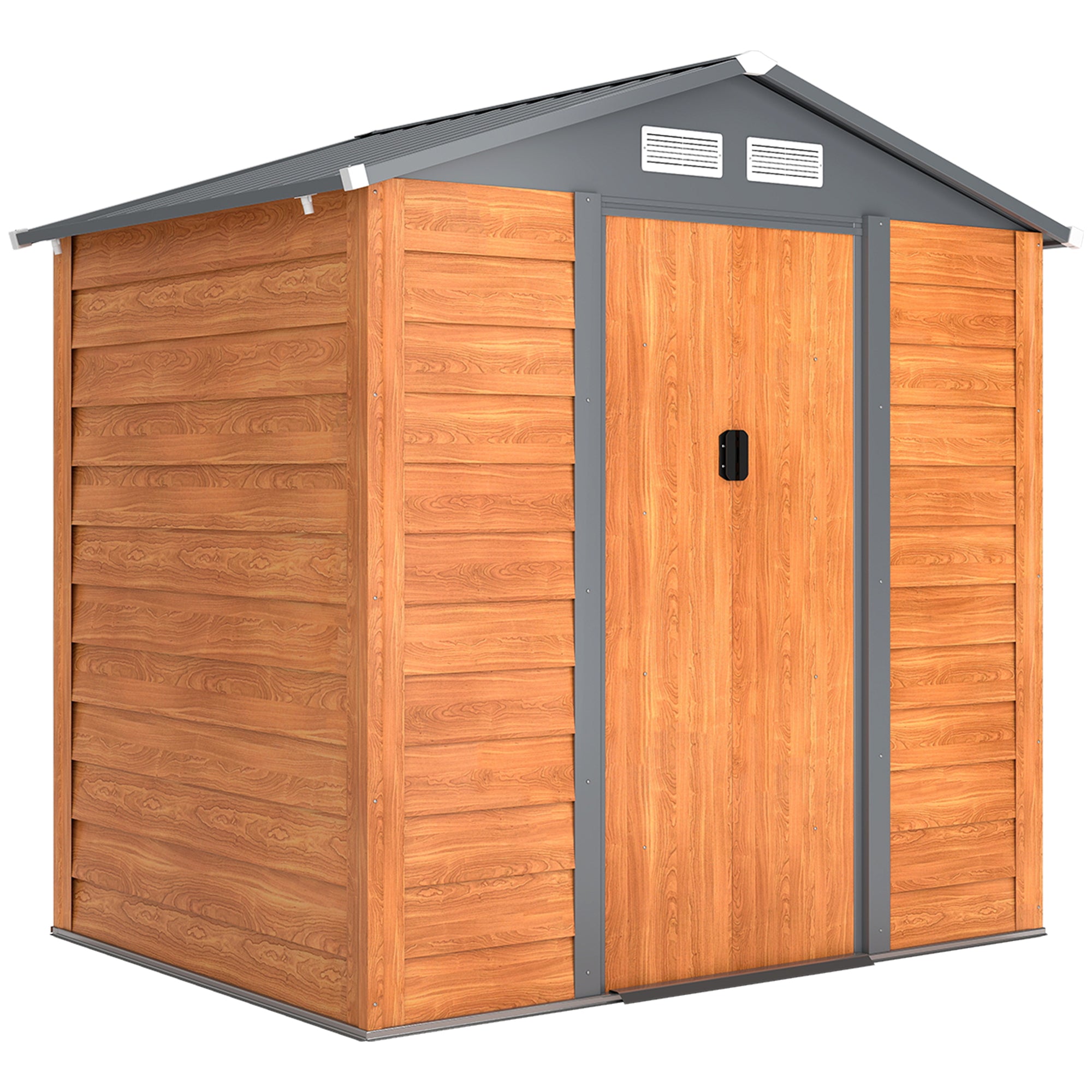 2.68m? Garden Shed in Galvanized Steel with Drainage Holes Air Vents, Tool Shed with Sloping Roof, Double Lockable Sliding Doors, Wood Effect Design, Brown