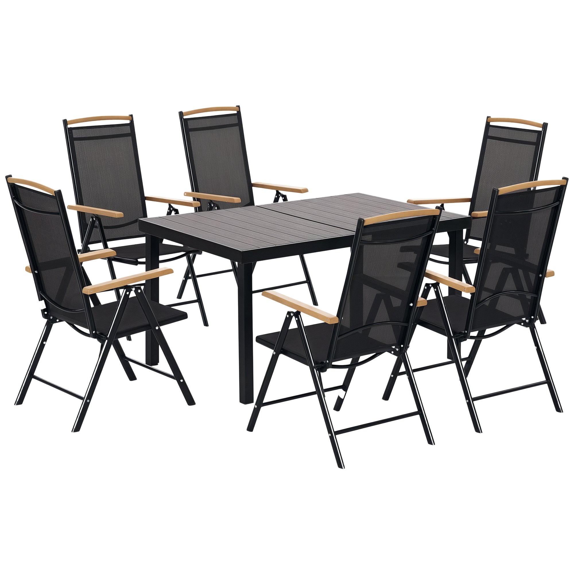 Outsunny Klappbarer Essgruppe 7-teilig Balkon Set Balkonmöbel 1 Tisch + 6 Stühle Gartenmöbel Set Essmöbel Aluminium Mesh Schwarz