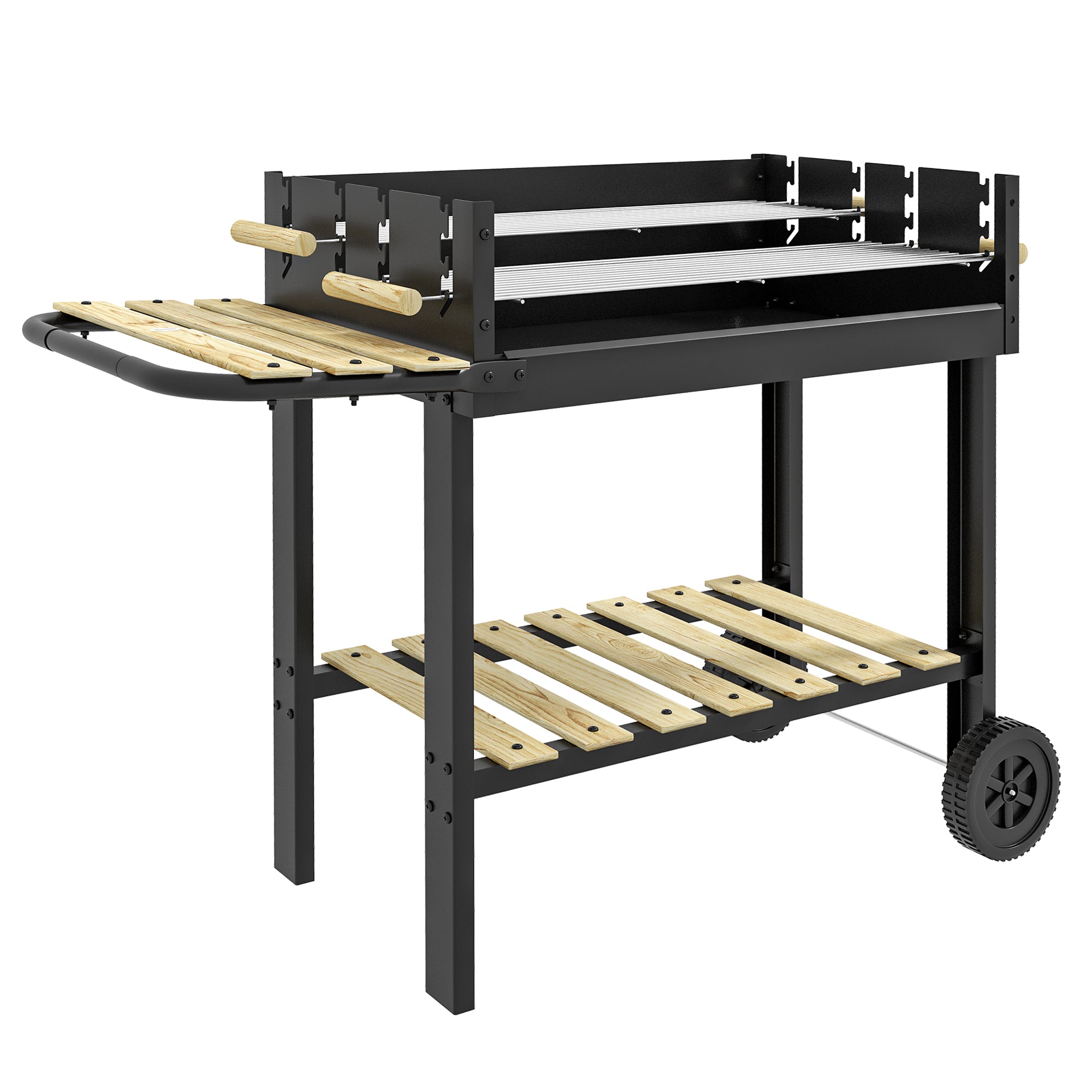 Grill Κάρβουνου Outsunny με Ρυθμιζόμενο Διπλό Grill, 2 Ρόδες και 2 Ράφια, διαστάσεις 113L x 53.5W x 82.5H cm Μαύρο