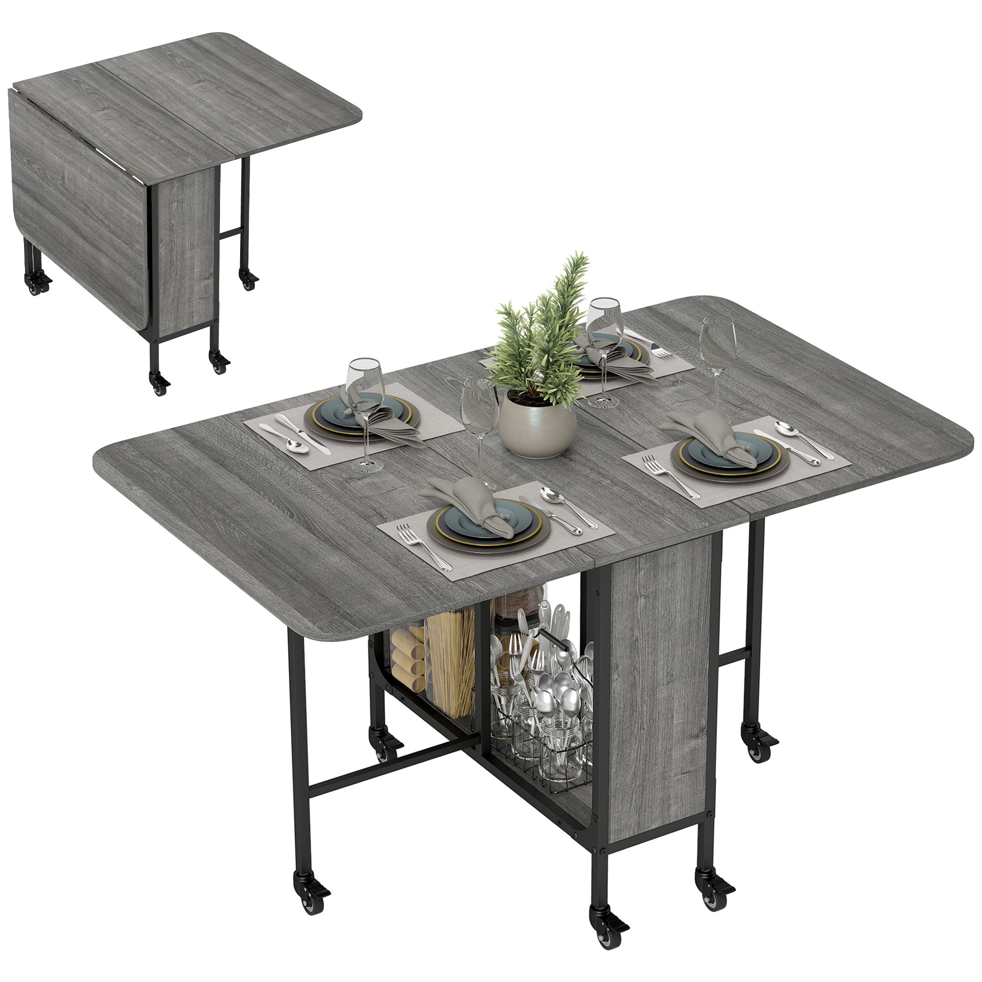 Folding Dining Table, Rectangular Extendable Kitchen Table on Wheels for up to 6 People, 6 Wheels and Integrated Shelf, for Small Spaces, Dining Room, Gray
