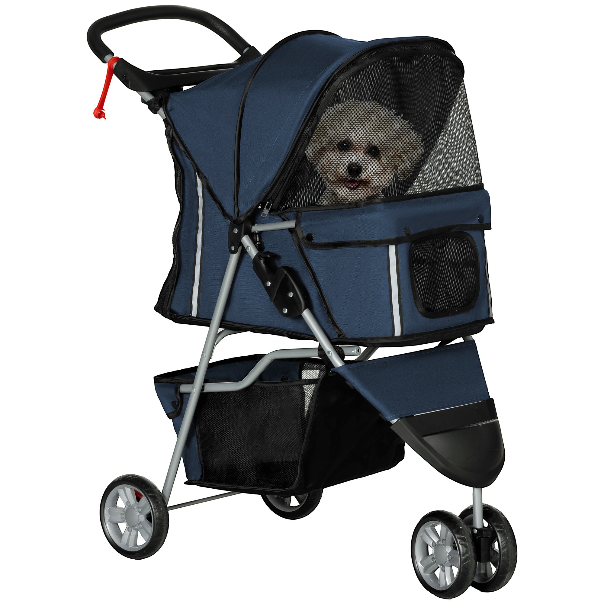 Skládací kočárek PawHut pro psy s úložným košíkem, síťovými okny a 2 univerzálními koly, nosnost 15 kg, 75x45x97 cm, námořnická modř