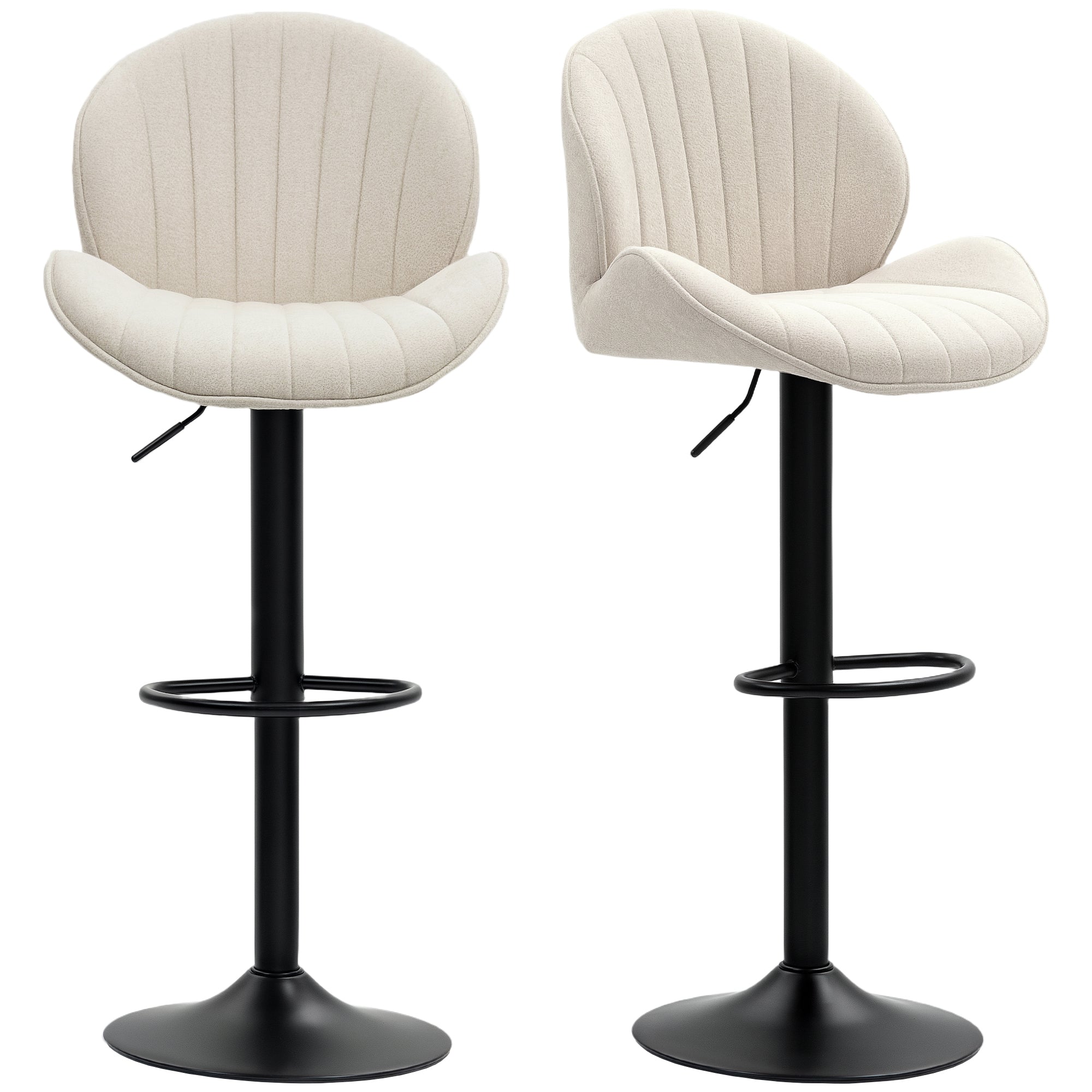 Set of 2 Bar Stools, Swivel Bar Chairs, Seashell Shape, High Kitchen Chair with Backrest, Adjustable Height and Footrest, Steel Frame, Beige