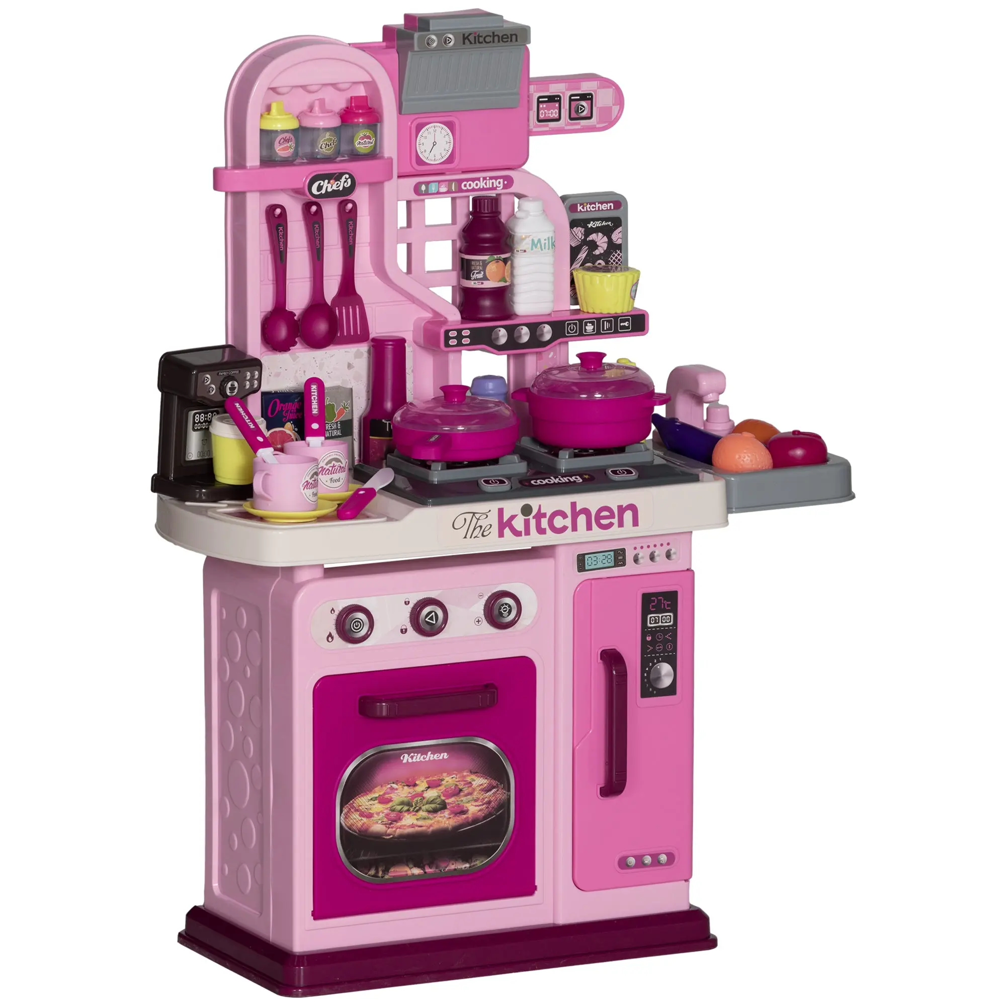 33-Piece Children's Toy Kitchen with Lights, Sounds, and Faucet, Made of PP and ABS, 53x22x69 cm, Pink