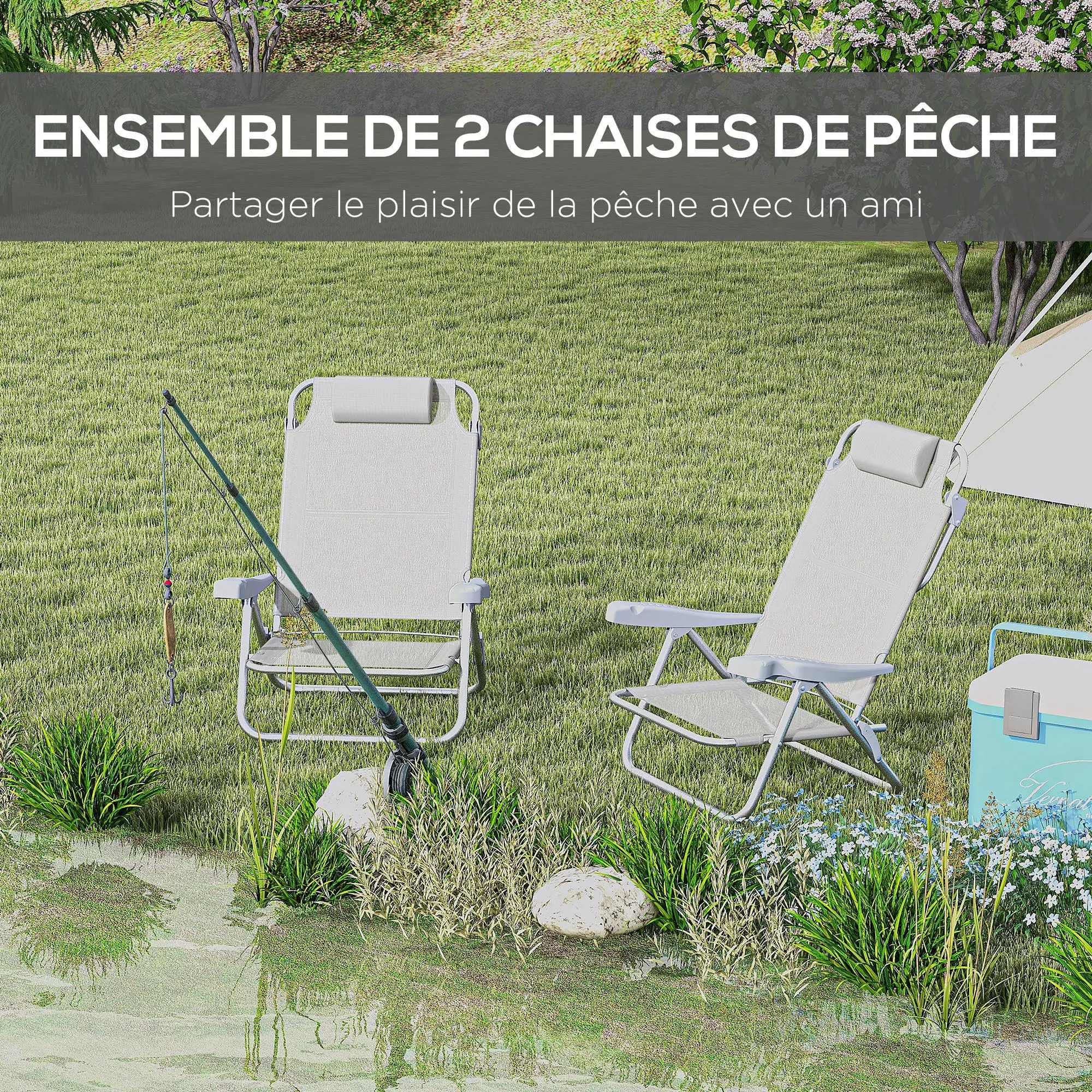Set of 2 Folding Garden Chairs Portable Fishing Chair Camping Chair 6-Level Reclining Backrest Headrest - Aluminum dim. 62L x 65W x 80H cm Gray