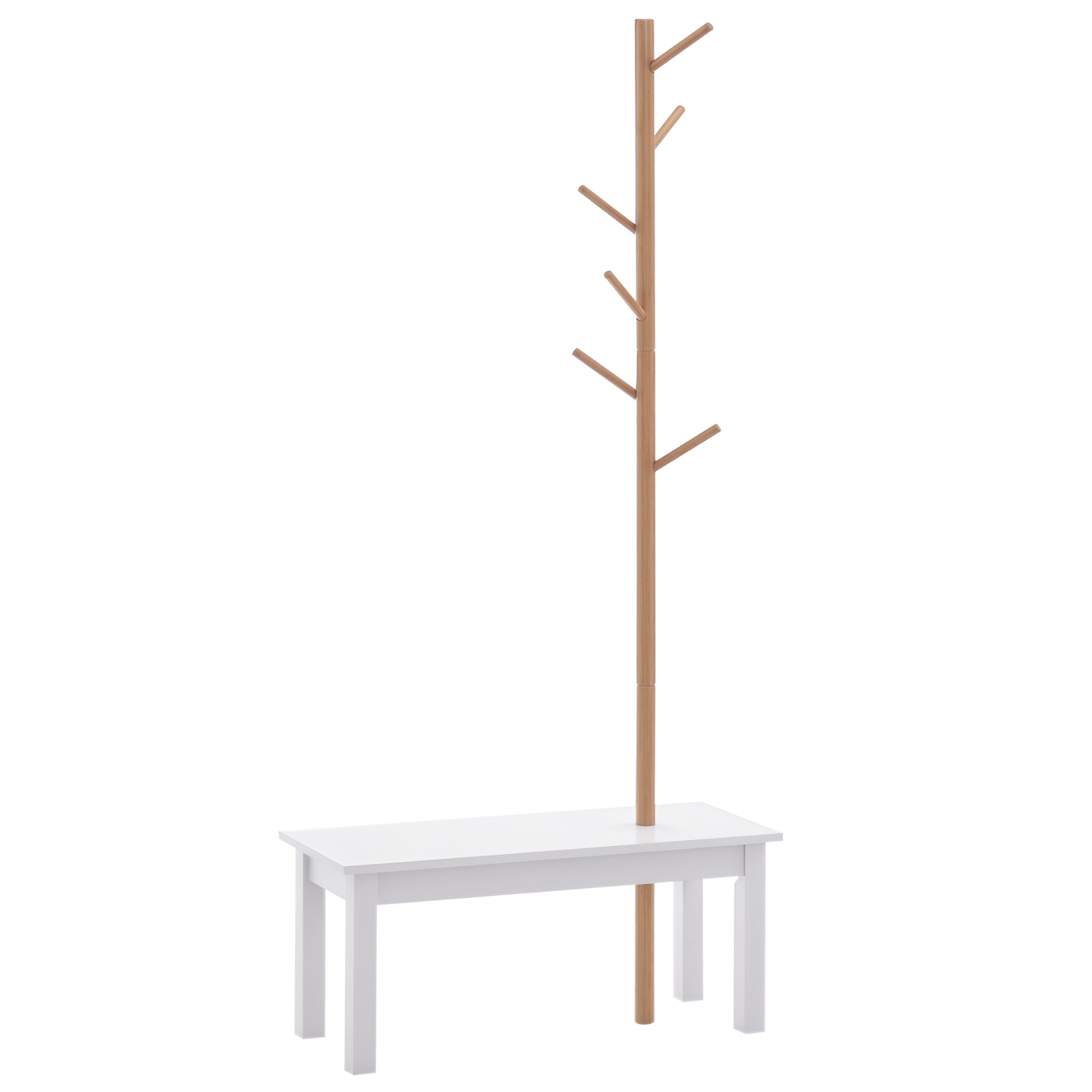 HOMCOM Baumförmiger Kleiderständer mit Bank Modern 6 Haken für Kleidung und Taschen Flur Eingangsbereich Bambus und MDF 80x30x180cm