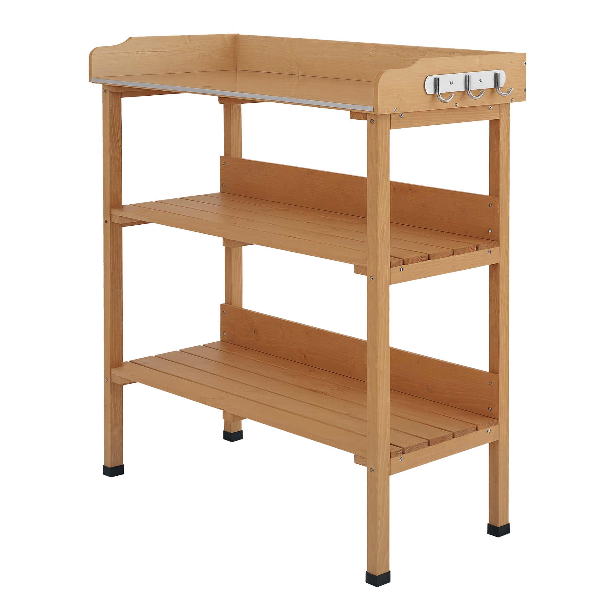 Outsunny 3-Tier Holz Planz Tabelle - Garten Tabelle mat Metallplack, 2 Regaler a Haken, Wiederstandsfäeg fir den Gaart, Terrass oder Balkon 76x37x89 cm Naturale Holz