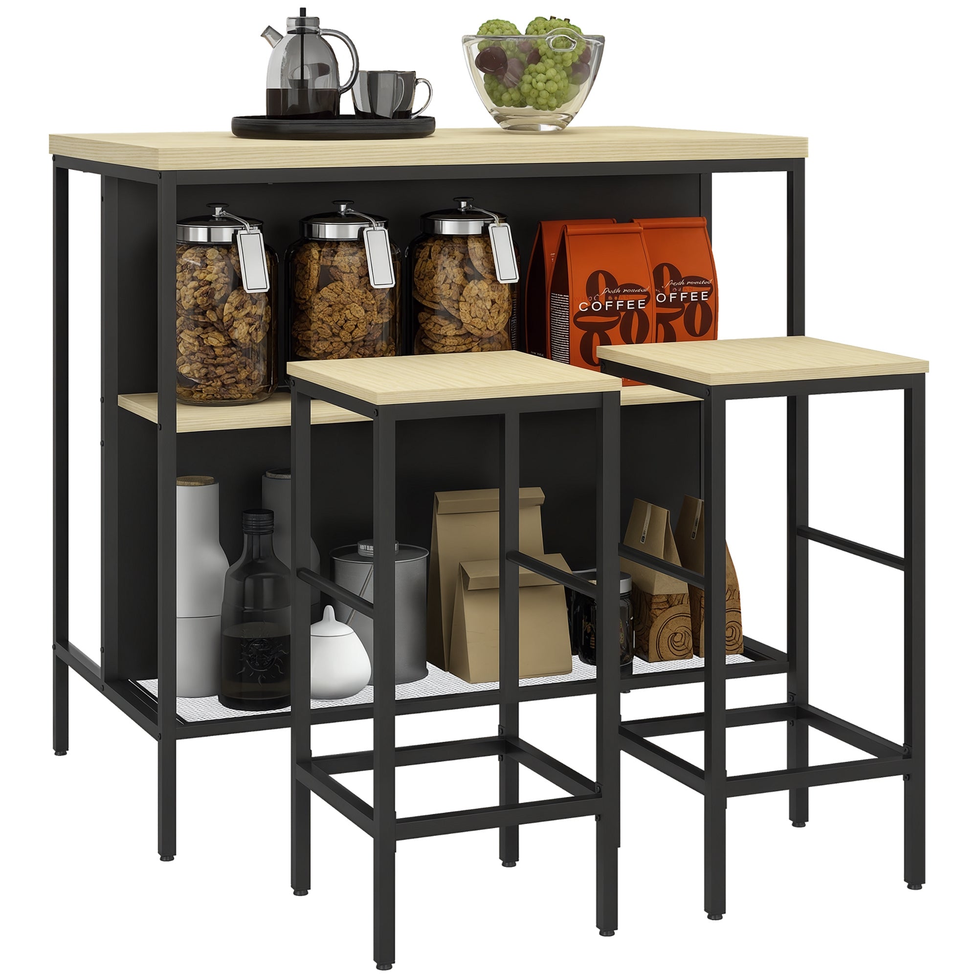 HOMCOM Bartisch mit Barhocker-Set, 3-teiliges Bartisch-Set einschließlich Küchentisch mit 2 Barhockern, 2 Regalen, Essgruppe im modernen Stil, für Küche, Esszimmer, Stahl, Eiche