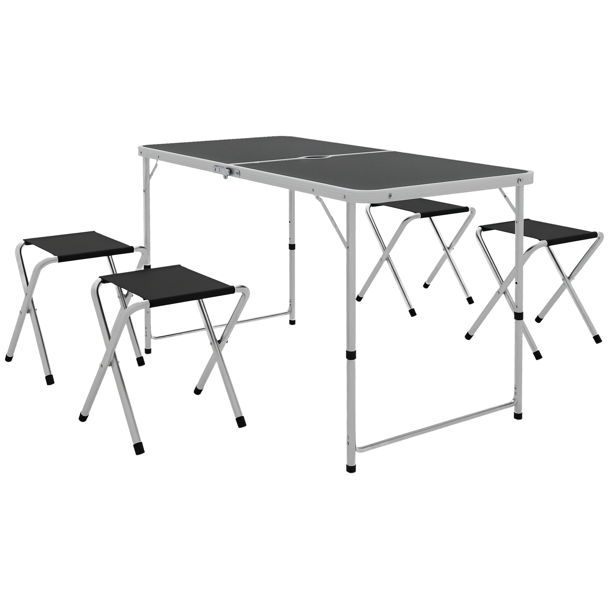 Outsunny set za kampiranje od 5 dijelova - Sklopivi stol za kampiranje s stolicama (1 stol s podesivom visinom i rupom za suncobran 120x60x55-70 cm i 4 sklopive stolice)