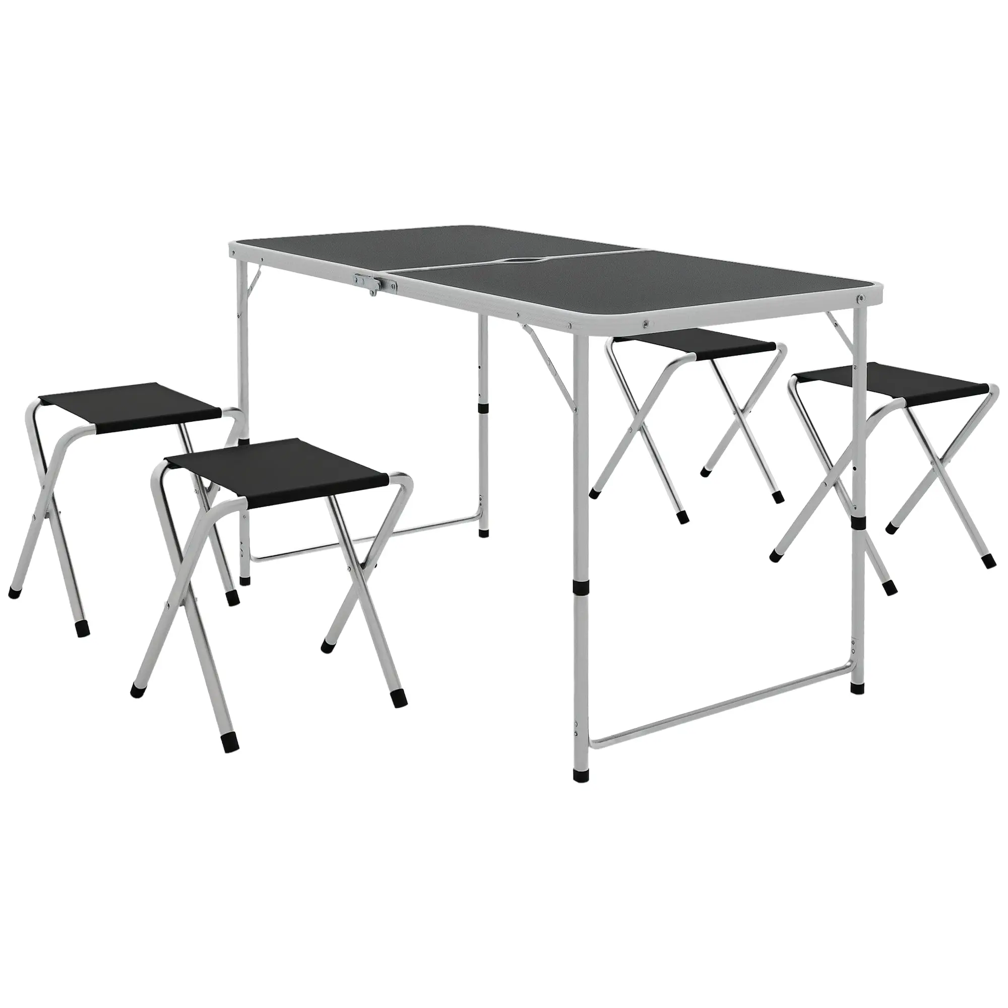 5-Piece Camping Set Folding Camping Table with Chairs Includes 1 Height Adjustable Table with Umbrella Hole 120x60x55-70 cm and 4 Foldable Stools Black