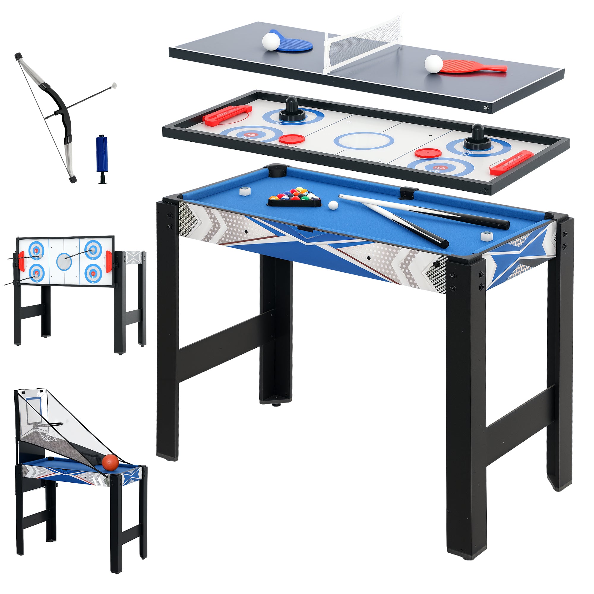 Table Multijeux SPORTNOW 5-en-1 avec Tennis de Table, Billard, Hockey, Basketball et Tir à l'Arc - Table Multifonction pour Adultes 91 x 45,5 x 76 cm Noir+Bleu