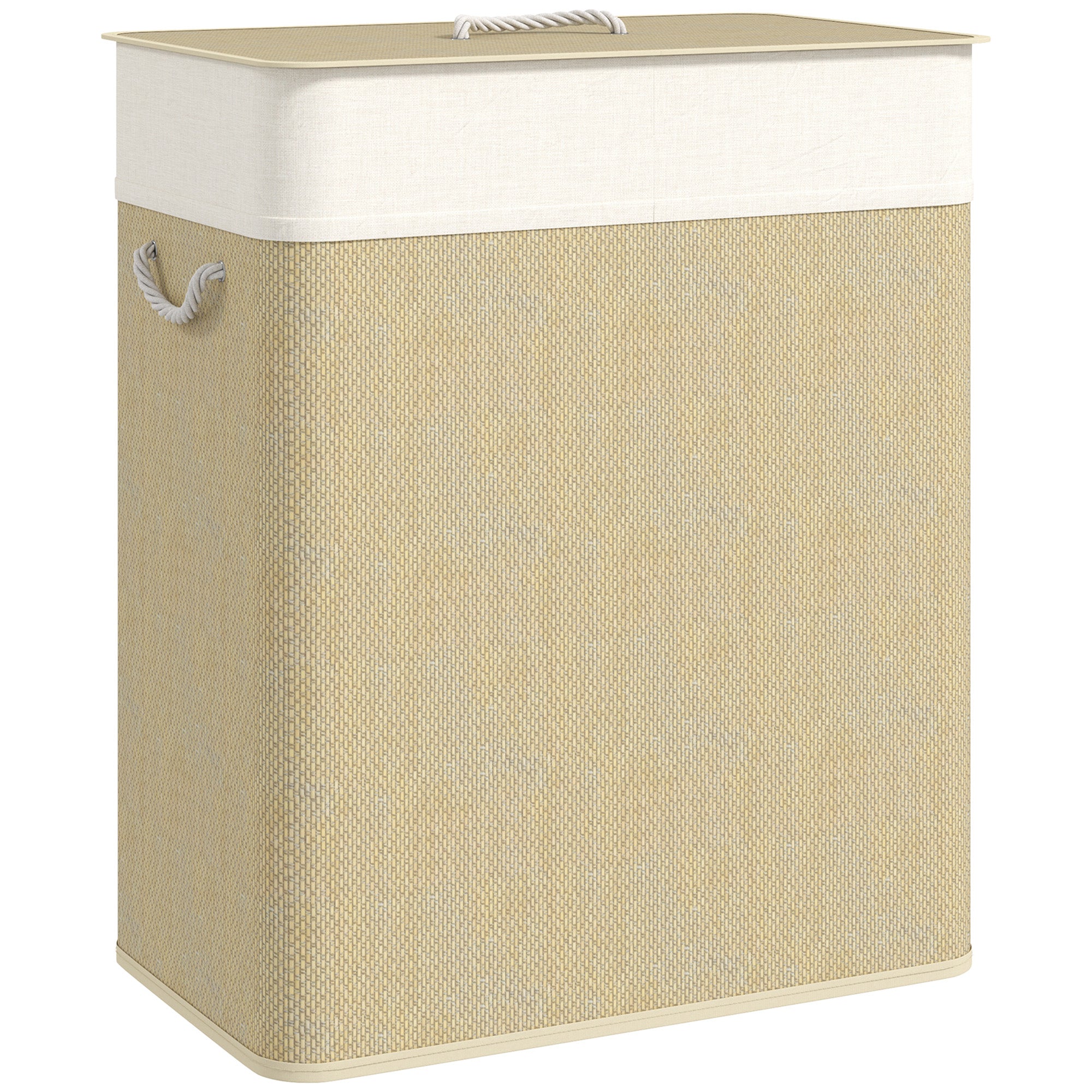Bamboo Laundry Hamper with Lid 100L Laundry Basket with 2 Compartments Removable Inner Bag for Laundry Room Bedroom 52x32x63 cm Natural