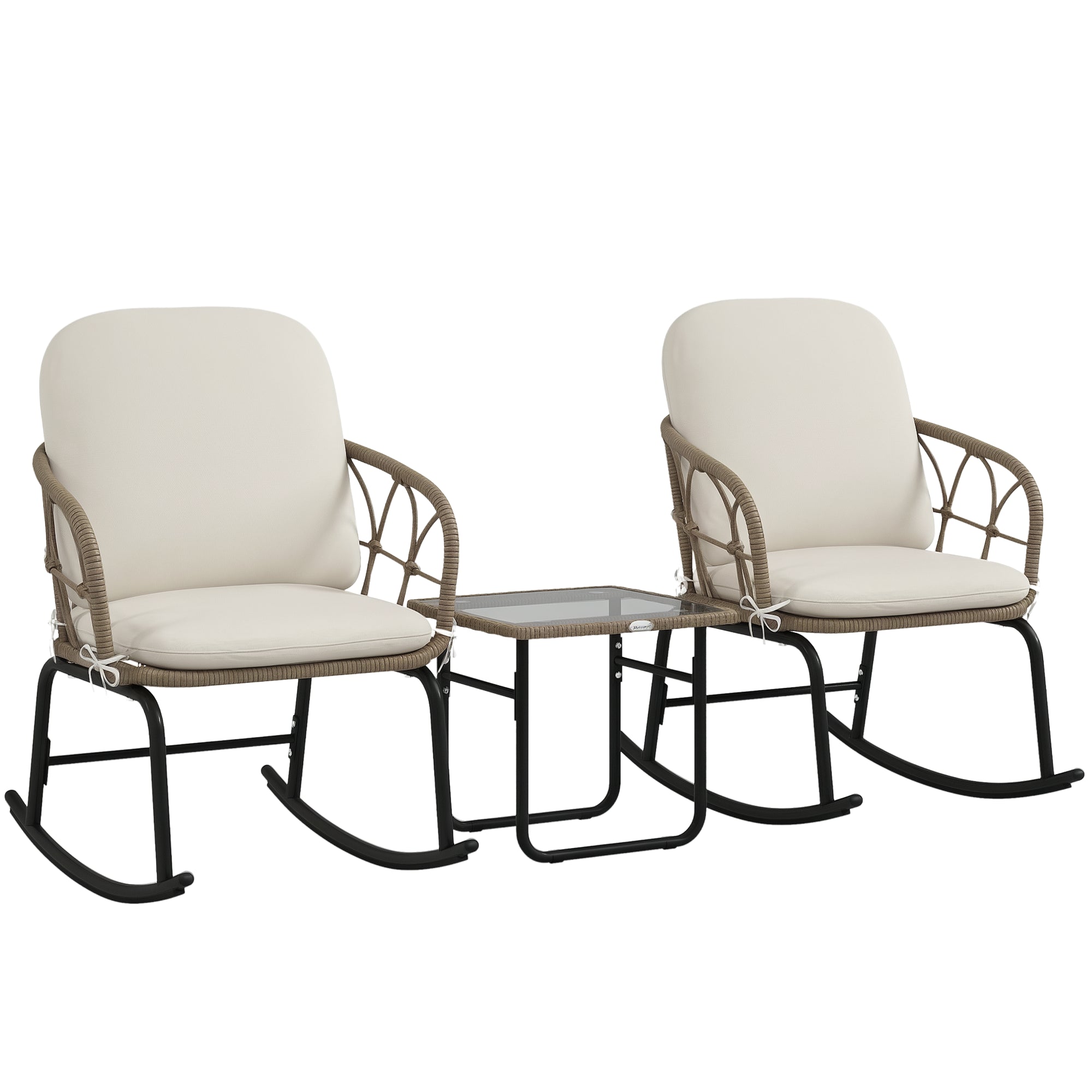 Outsunny 3-delt Rattan Gyngestolsæt, Havemøbel Sæt med 2 Gyngestole, 1 Kaffe Bord, Havemøbel Gruppe med Puder til Balkon, Patio, Creme