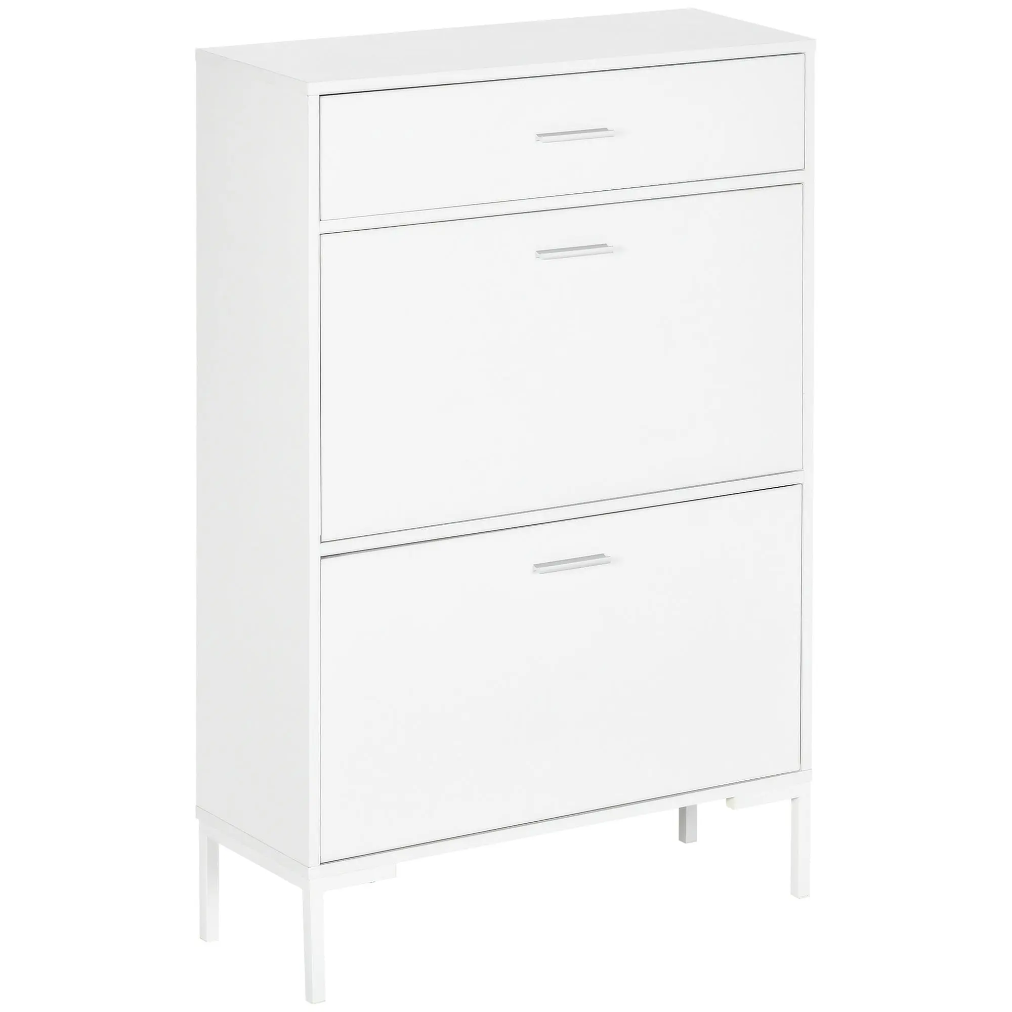 Mobile Shoe Rack, Modern Shoe Cabinet for 12 Pairs of Shoes with 2 Fold-down Doors and Drawer, made of Particleboard, MDF and Metal, 75x26x110 cm, White