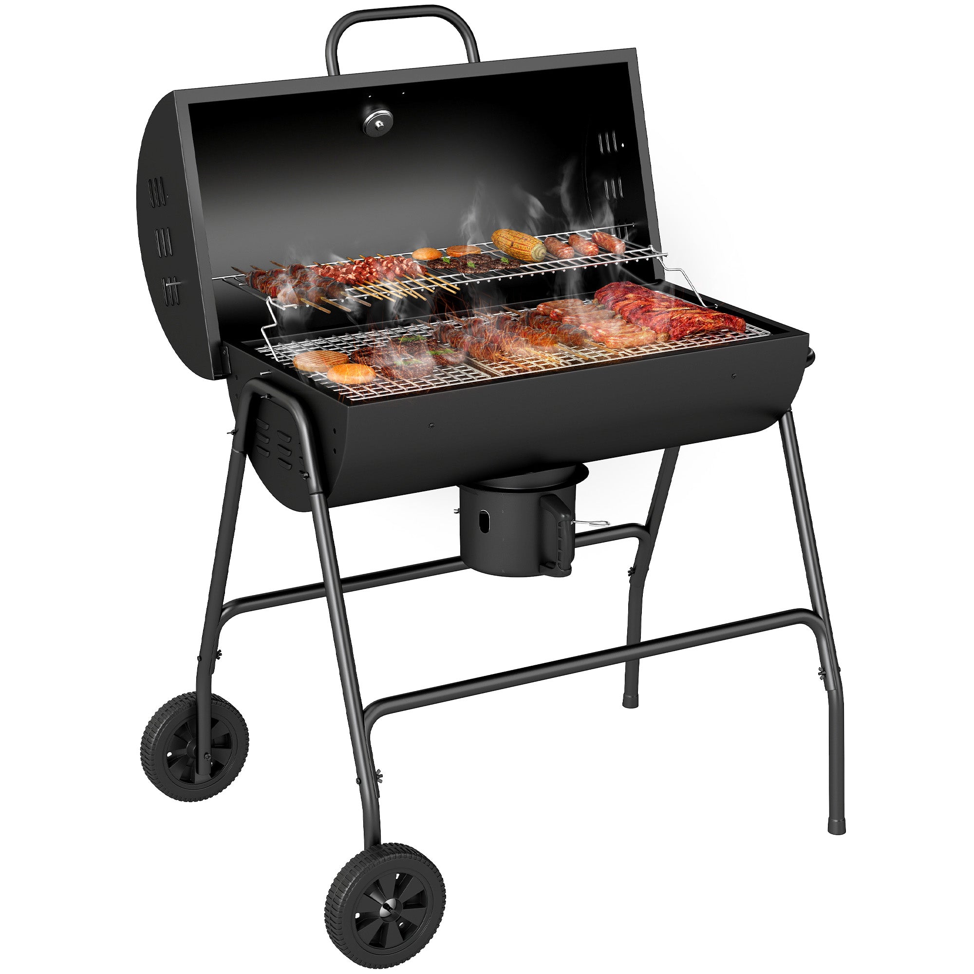 Outsunny Metall Holzkohlegrill BBQ Smoker mit Deckelthermometer, verstellbarem Holzkohlepfannenhandgriff, tragbarem Grillwagen für BBQ Camping, Terrasse, 95x71,5x102 cm