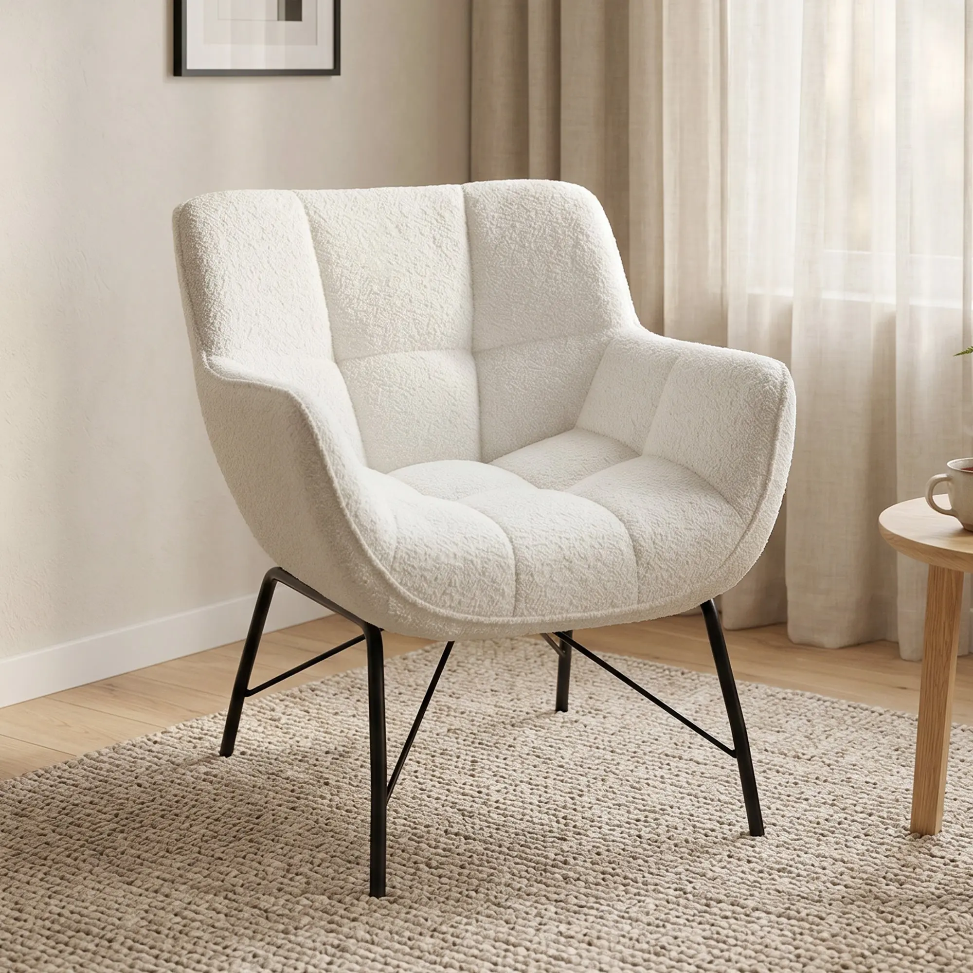 Sherpa Fleece Lounge Chair – Modern Upholstered Armchair with Curved Back, Armrests & Steel Legs, Cream White