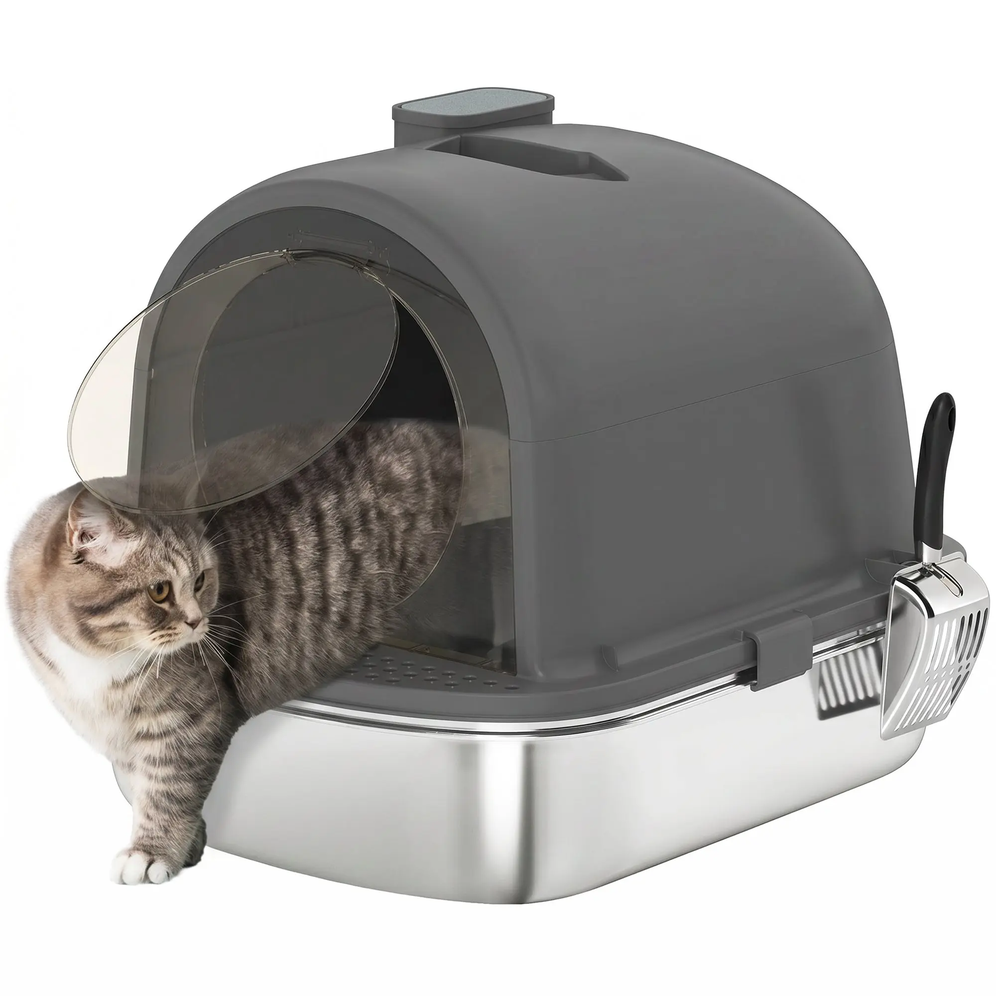 Covered Stainless Steel Cat Litter Box, Leak-Resistant & Easy-Clean, Includes Deodorizing Bag and Scoop, Fits Cats up to 11 lb (Dark Gray)