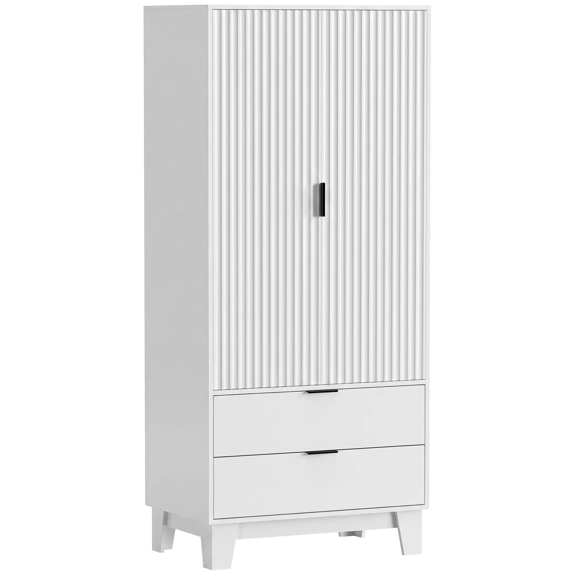 2-Door Wardrobe with Ribbed Soft-Close Doors, 2 Drawers & Hanging Rail, Modern White – 80 x 50 x 180 cm (31.5 x 19.7 x 70.9 in)