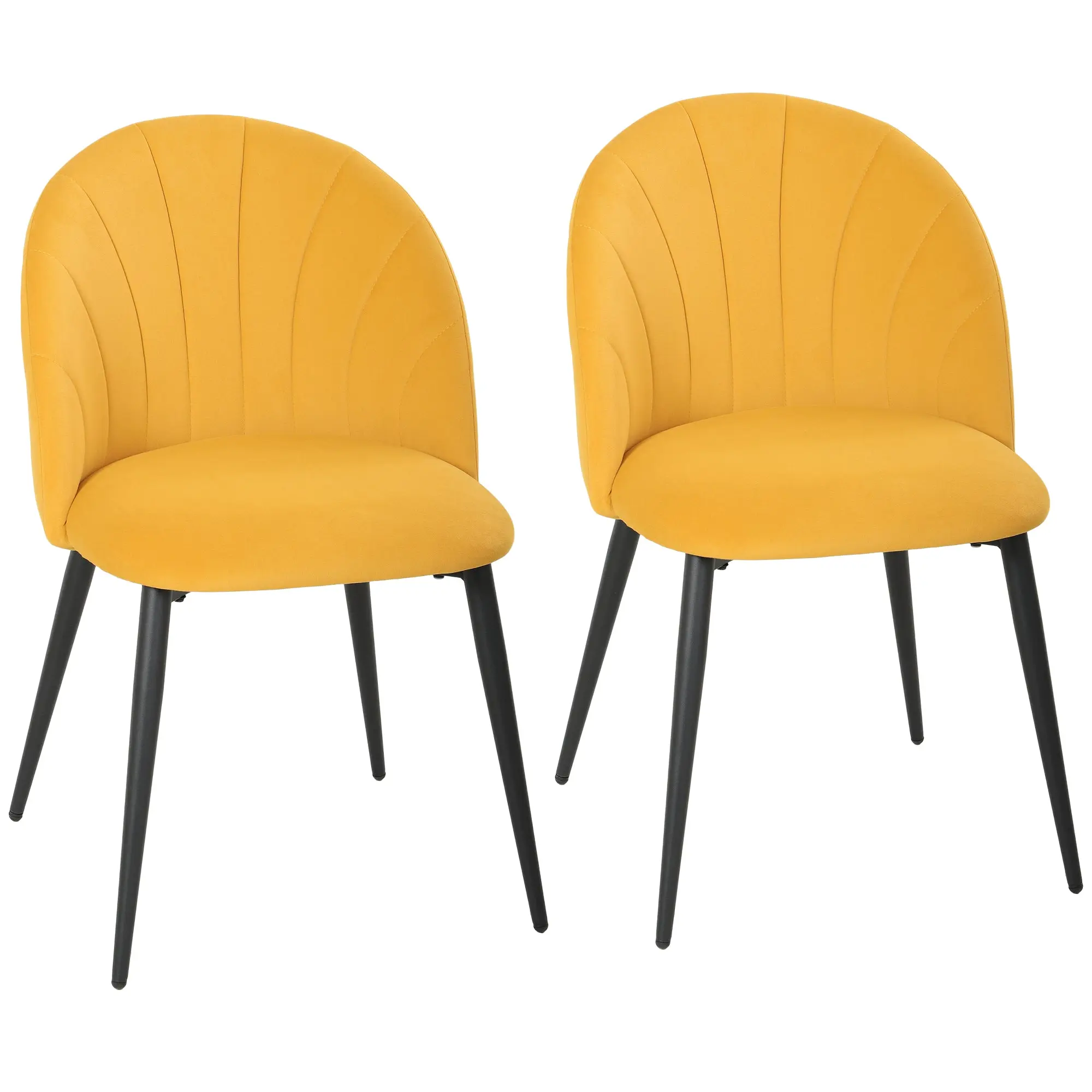 Set of 2 Velvet Dining Chairs — Curved Shell Back, Padded Seat, Steel Legs, Nordic Style, Yellow
