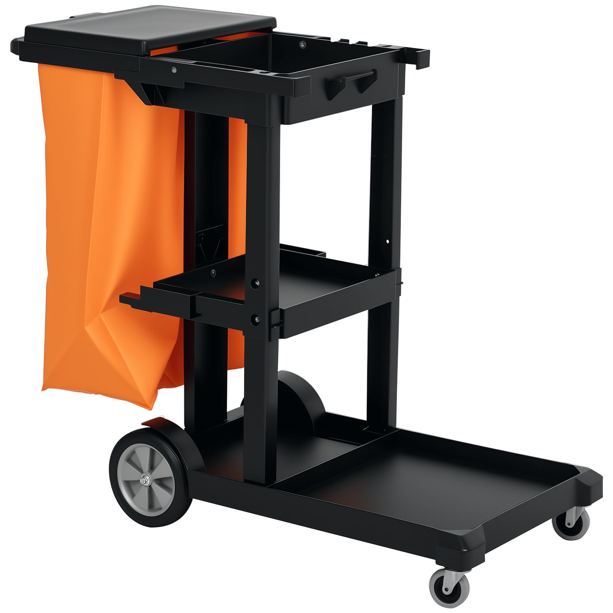3-Tier Cleaning Cart with Covered Trash Bag, Handle & Quiet Wheels — Commercial Janitor Cart, 47.6" x 19.9" x 39.4", Black