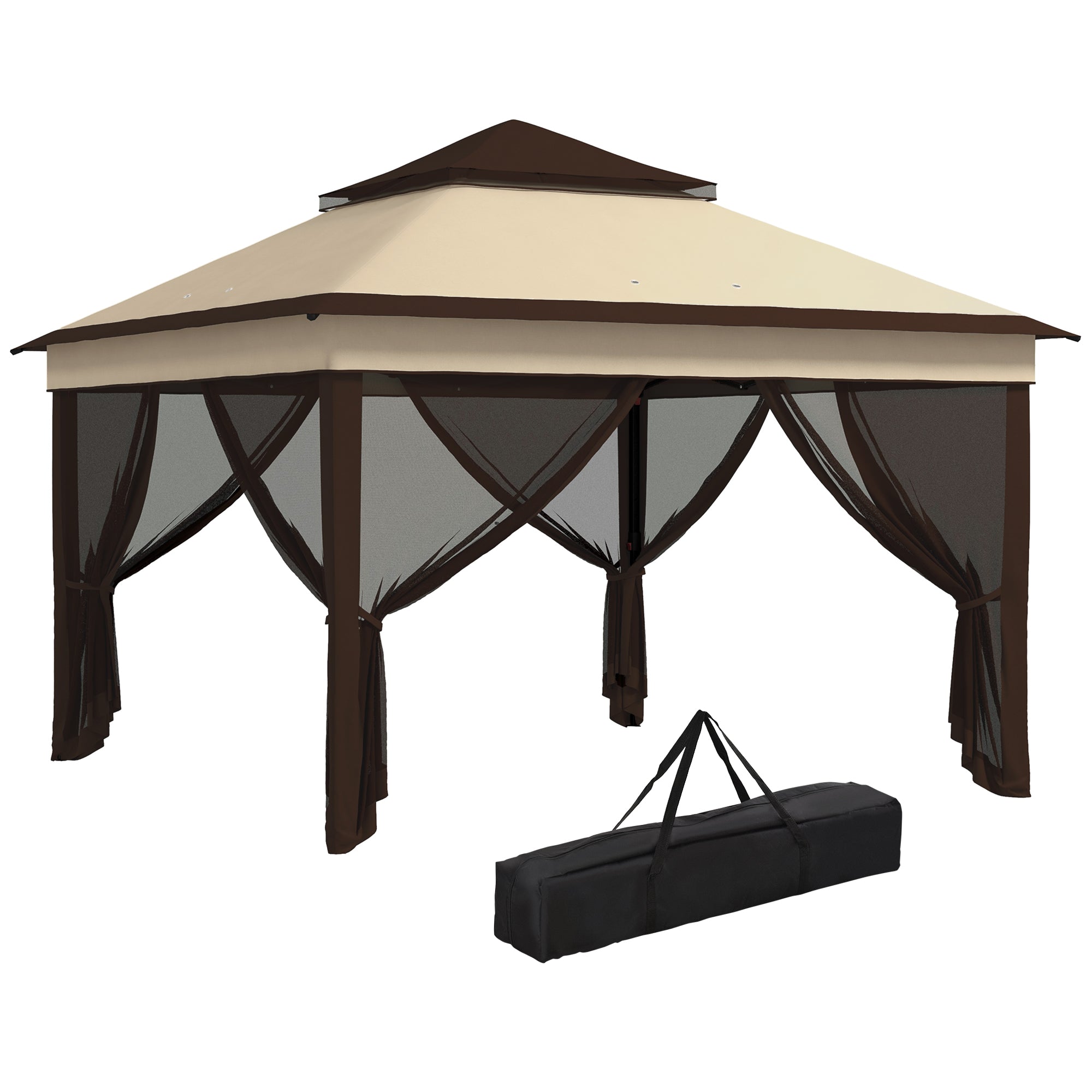 Outsunny Faltbarer Pavillon 3x3x2.7m mit verstellbarer Doppeldachhöhe, Moskitonetz, UV30+ Schutz, wasserdicht und Tragetasche – Außenpavillon für Partys, Camping, Beige und Kaffee