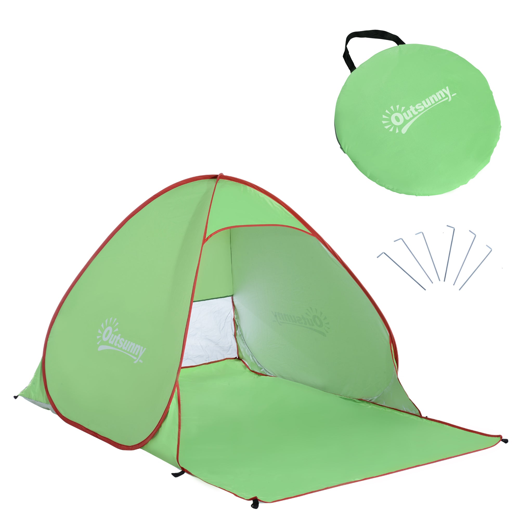 Outsunny Grön Röd Pop-up Automatisk UV-Skydd Strandskydd Strandtält med Bakfönster och Stor Golvmatta