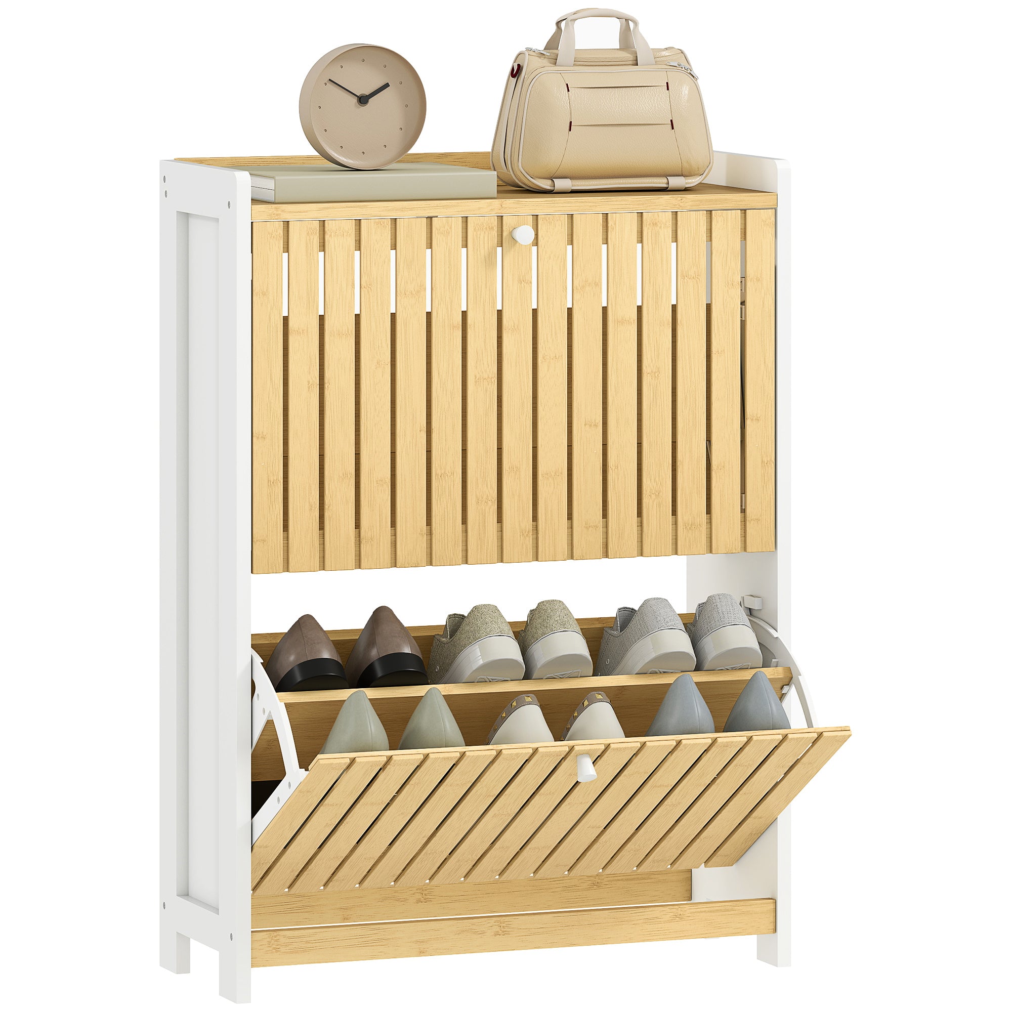 HOMCOM Kapea Kengätkaappi 2 Lammenovilla Ovi ja Säädettävät Hyllyt 12 Parille Kengille 60x24x82.5 cm Valkoinen ja luonnollinen