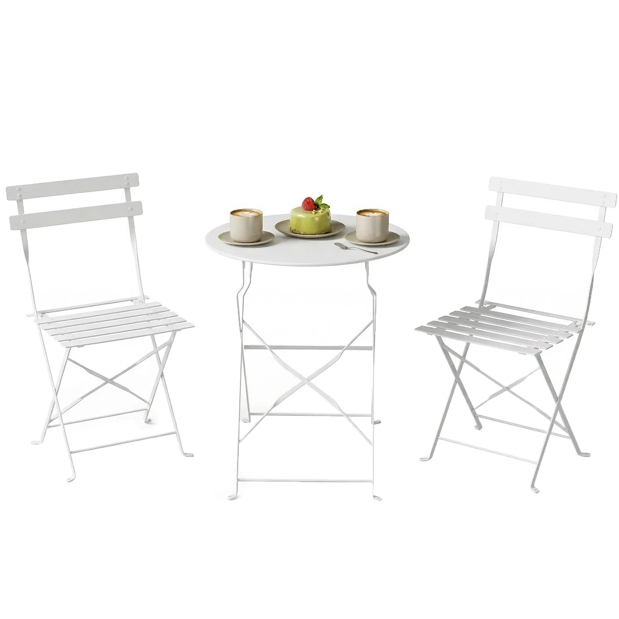 3-Piece Folding Metal Bistro Set – 2 Chairs & Round Table for Patio & Balcony, White