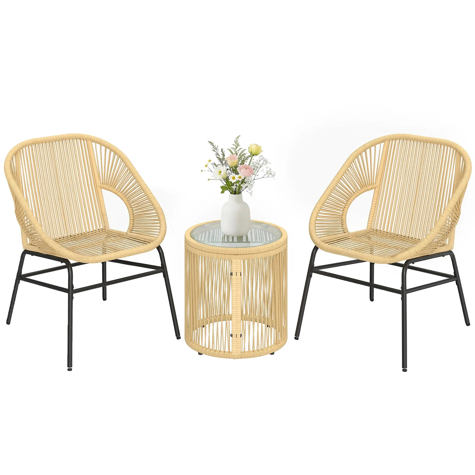 3-Piece PE Rattan & Steel Bistro Set — 2 Chairs with Round Tempered Glass Table for Patio, Balcony & Terrace, Beige