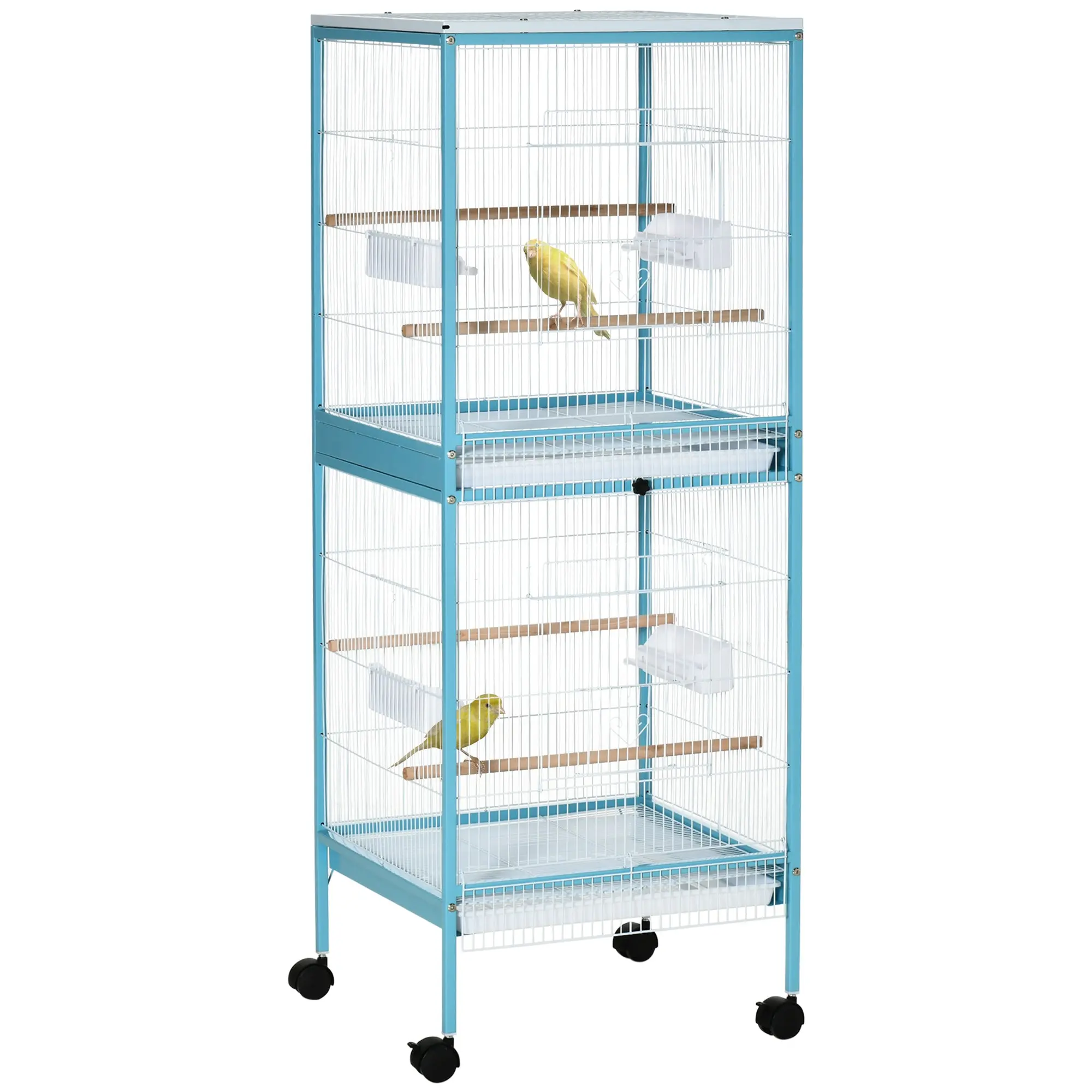 Bird Cage with Wheels Large 2-Level Aviary with Removable Trays Doors Feeders Perches for Canaries Budgies 51.5x50x140 cm Blue