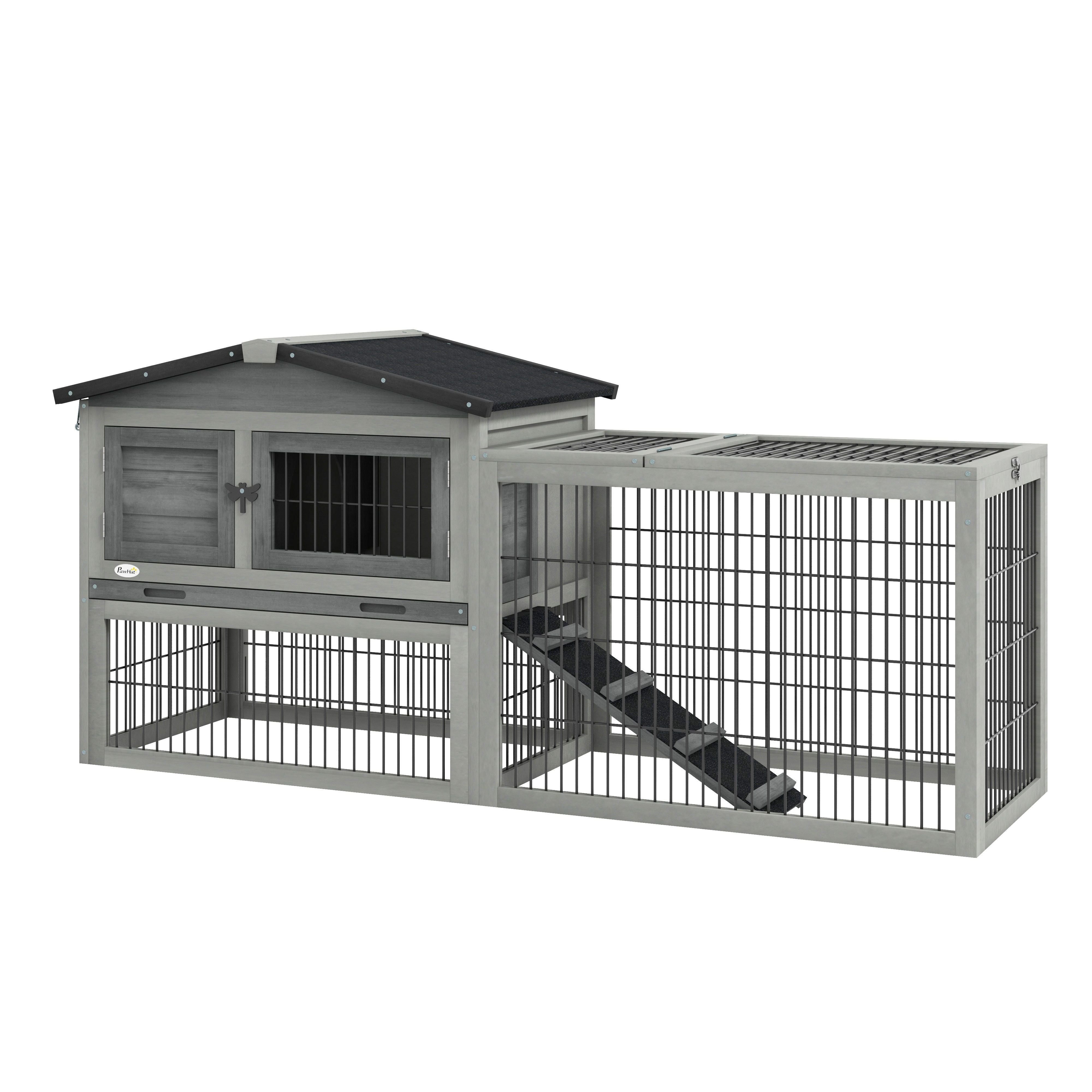 Rabbit Hutch 2 Levels with Outdoor Run Ramp - Fir Wood, Winterproof, Double Deck House for Small Animals, 150 x 52 x 68 cm - Gray