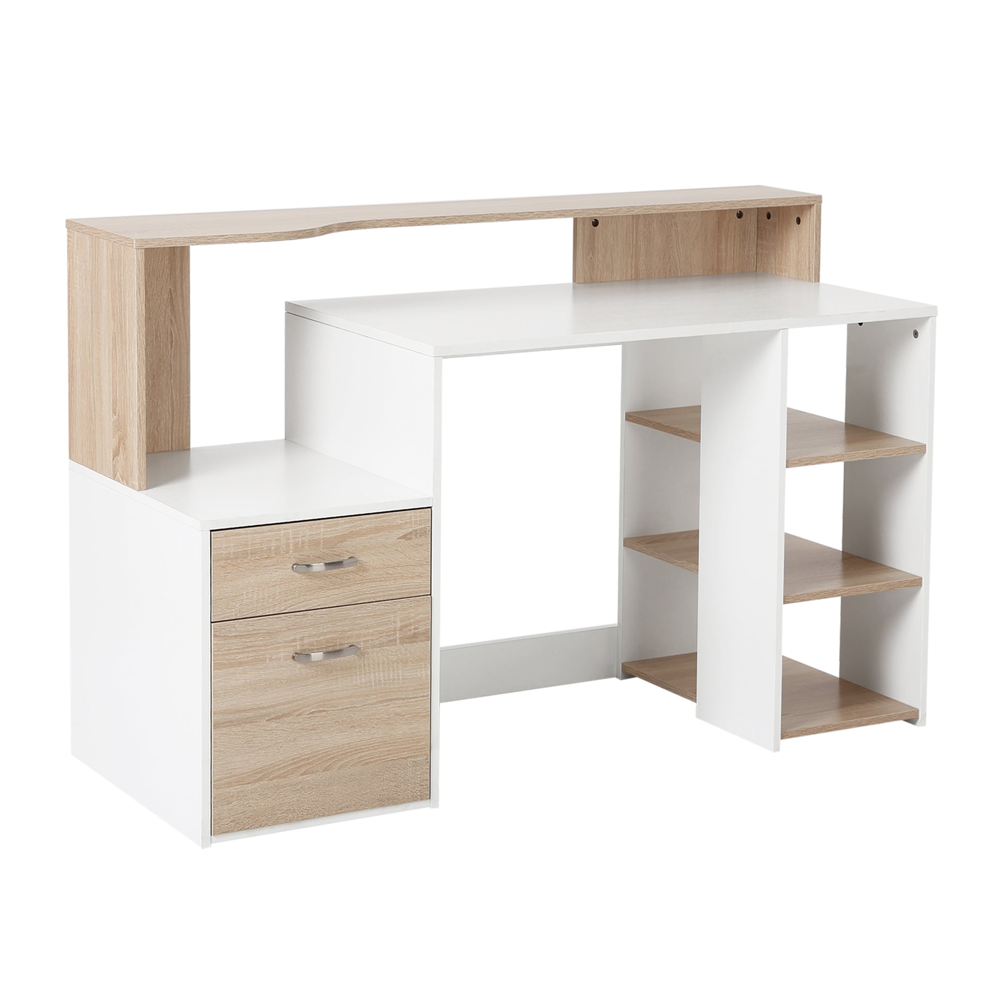 Computer Desk 137x55x92 cm Office Desk with 3 Shelves, 2 Drawers, and Printer Stand for Home Office Study Room Oak and White