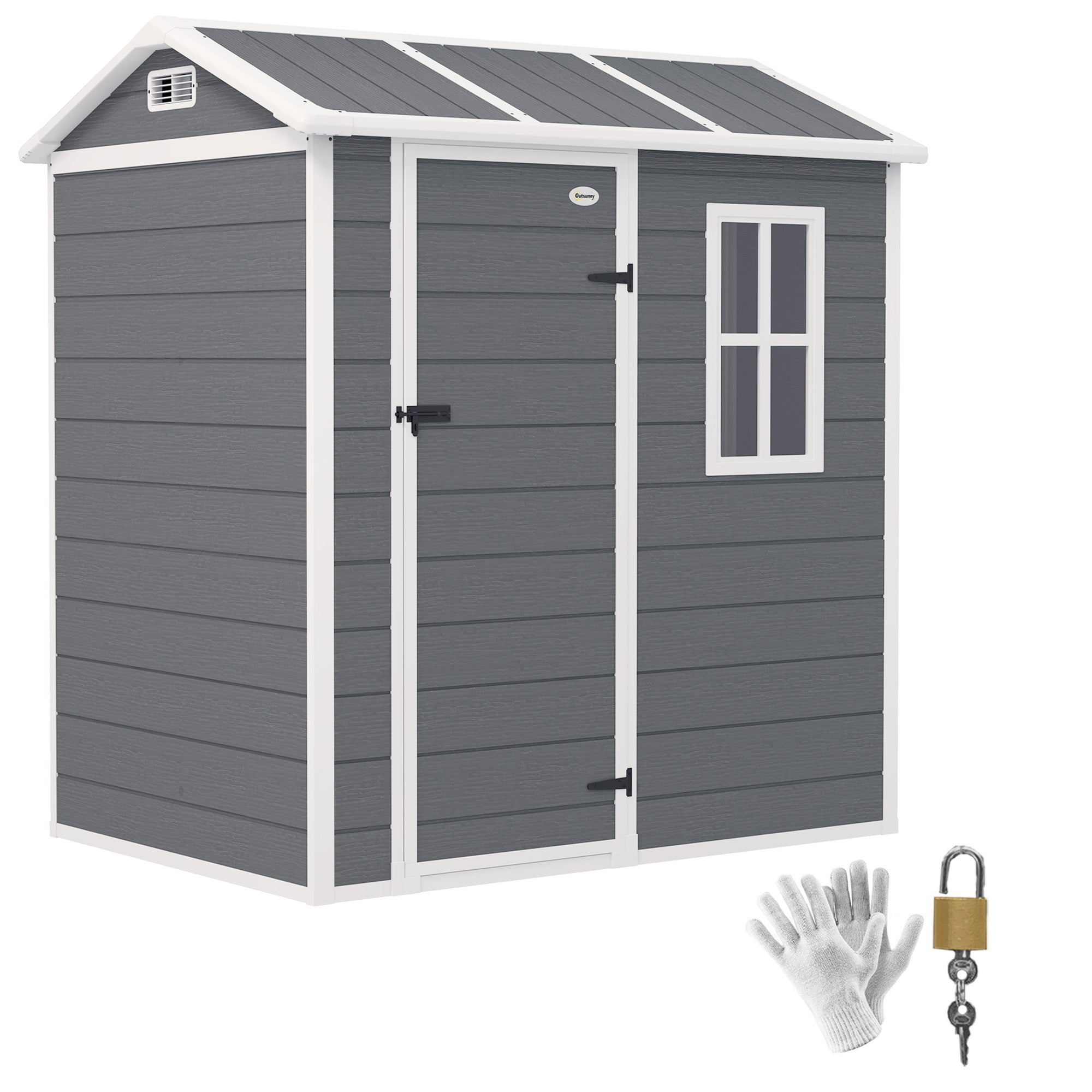 Plastic Tool Shed 2.1m? 186 x 130 x 199cm Garden Shed with Gable Roof Floor Window Lockable Door Weatherproof Outdoor Garden Shed for Backyard Gray