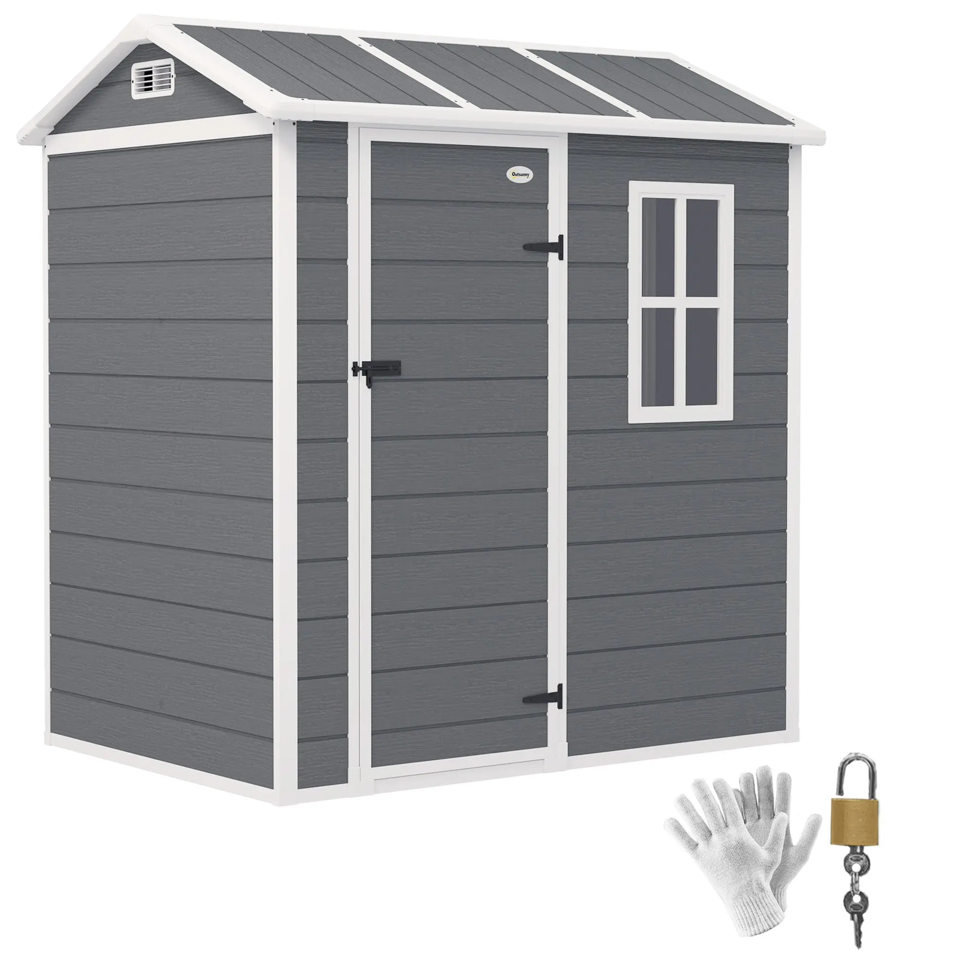 Plastic Tool Shed 2.1m? 186 x 130 x 199cm Garden Shed with Gable Roof Floor Window Lockable Door Weatherproof Outdoor Garden Shed for Backyard Gray