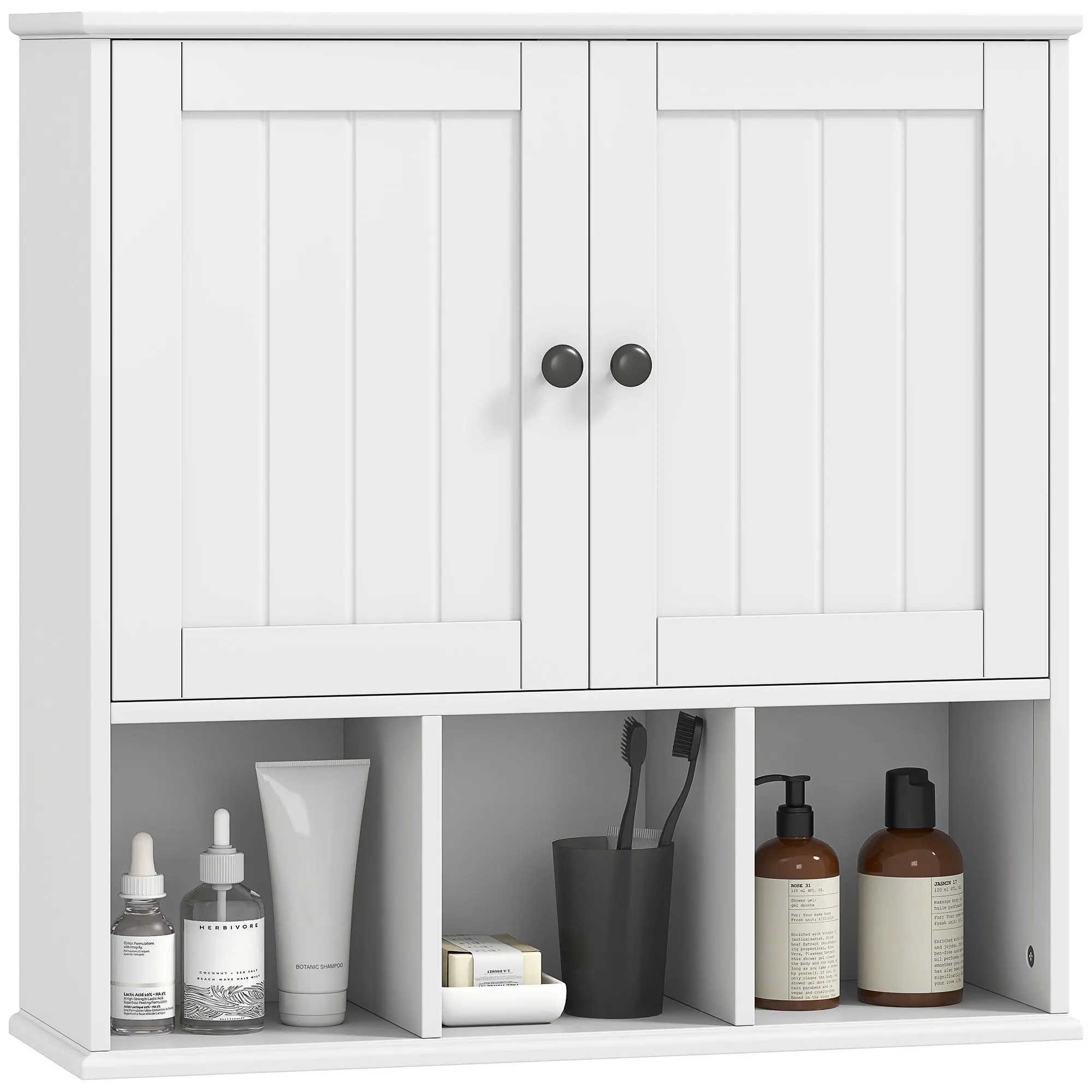 Wall-Mounted Bathroom Cabinet, 2-Door Hanging Storage with Adjustable Shelf & Open Compartments, 23.6 x 7.7 x 23.6 in (60 x 19.5 x 60 cm), White