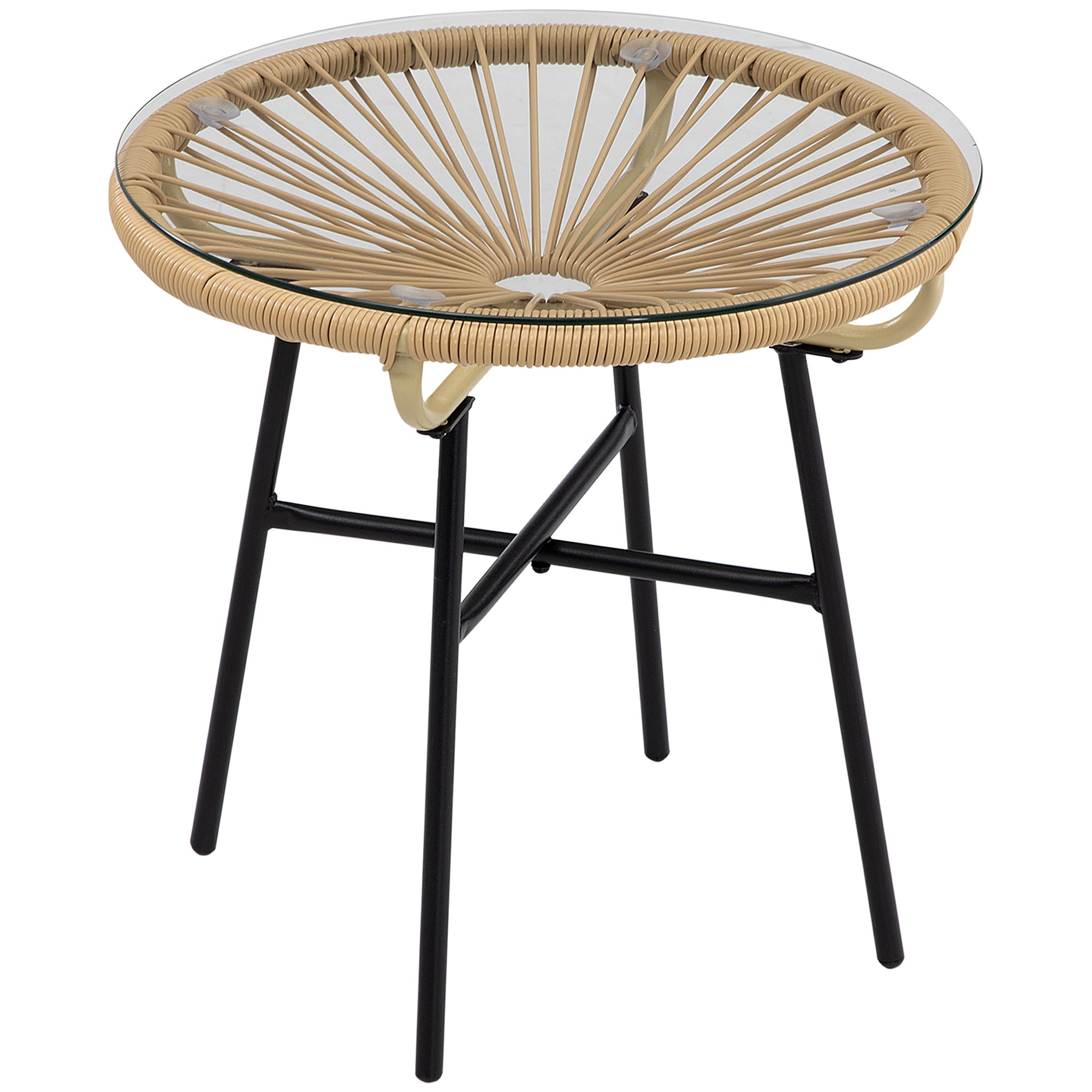 Outsunny Bézs Színű, Kerek PE Rattan Kávézó Asztal Üveglapos Tálcával - Kerti Asztal, Terasz Bútor, Bútor Asztal, Bistro Asztal, 50 x 50 x 50 cm