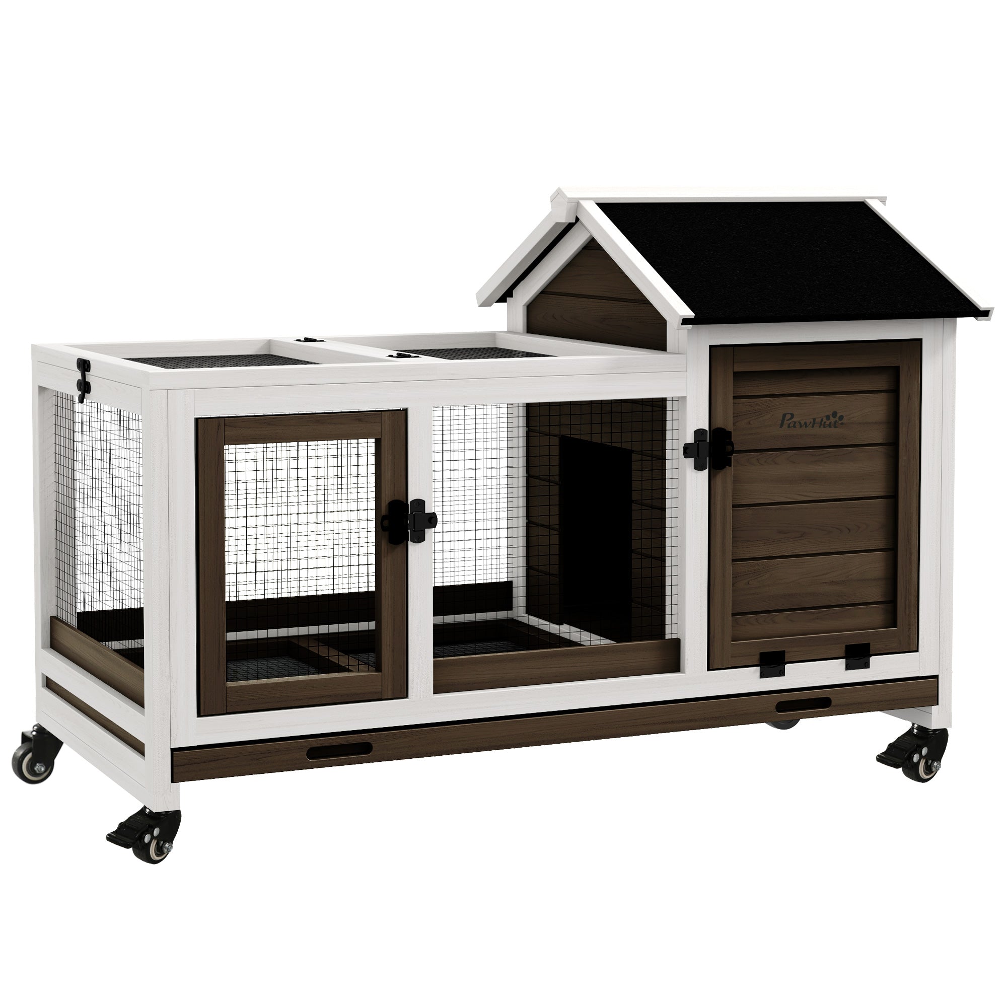 Rabbit Hutch with Wheels Wooden Bunny Cage Indoor Outdoor Small Animal House with Run Ramp Removable Tray Flip Top Roof 108x58x73.5 cm