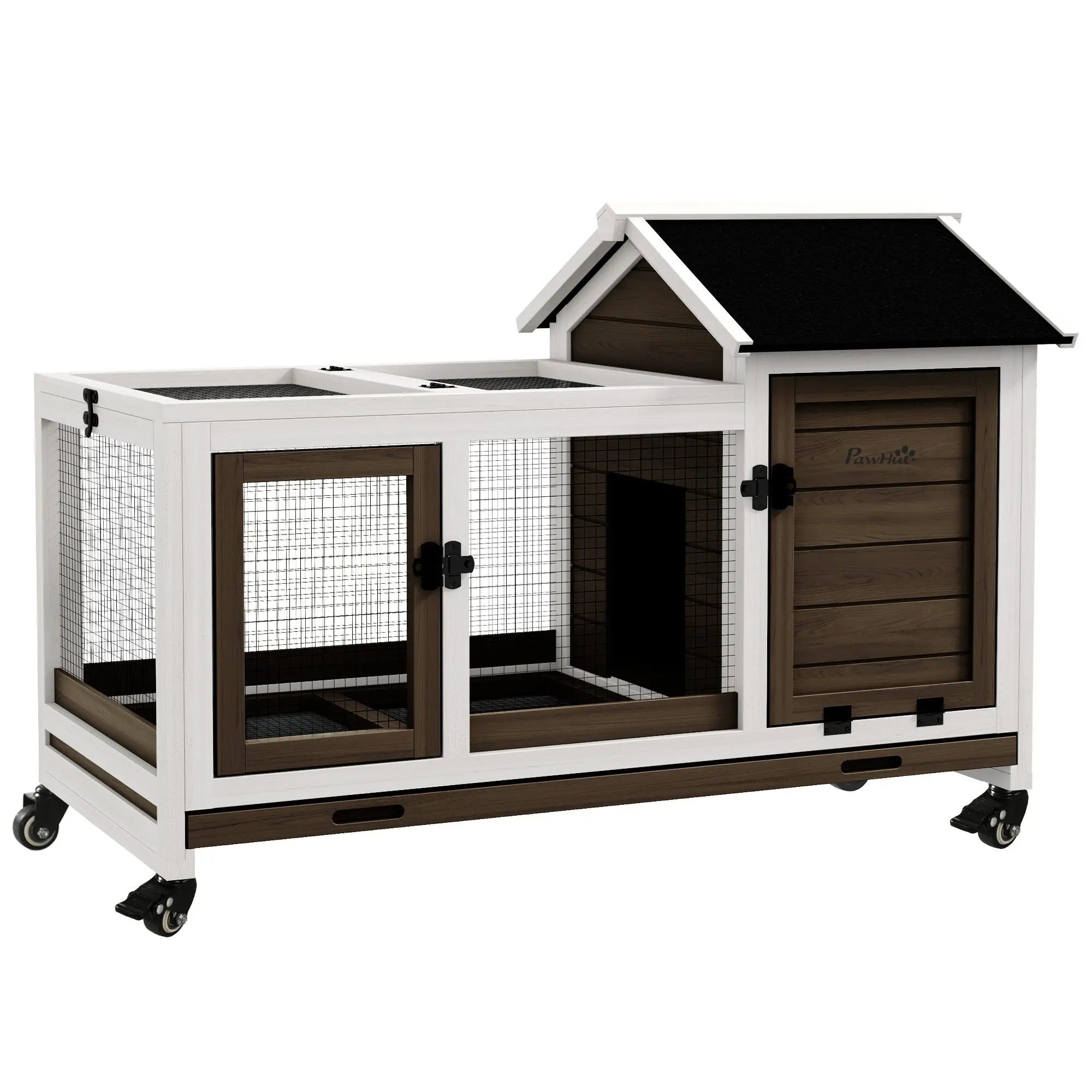 Rabbit Hutch with Wheels Wooden Bunny Cage Indoor Outdoor Small Animal House with Run Ramp Removable Tray Flip Top Roof 108x58x73.5 cm