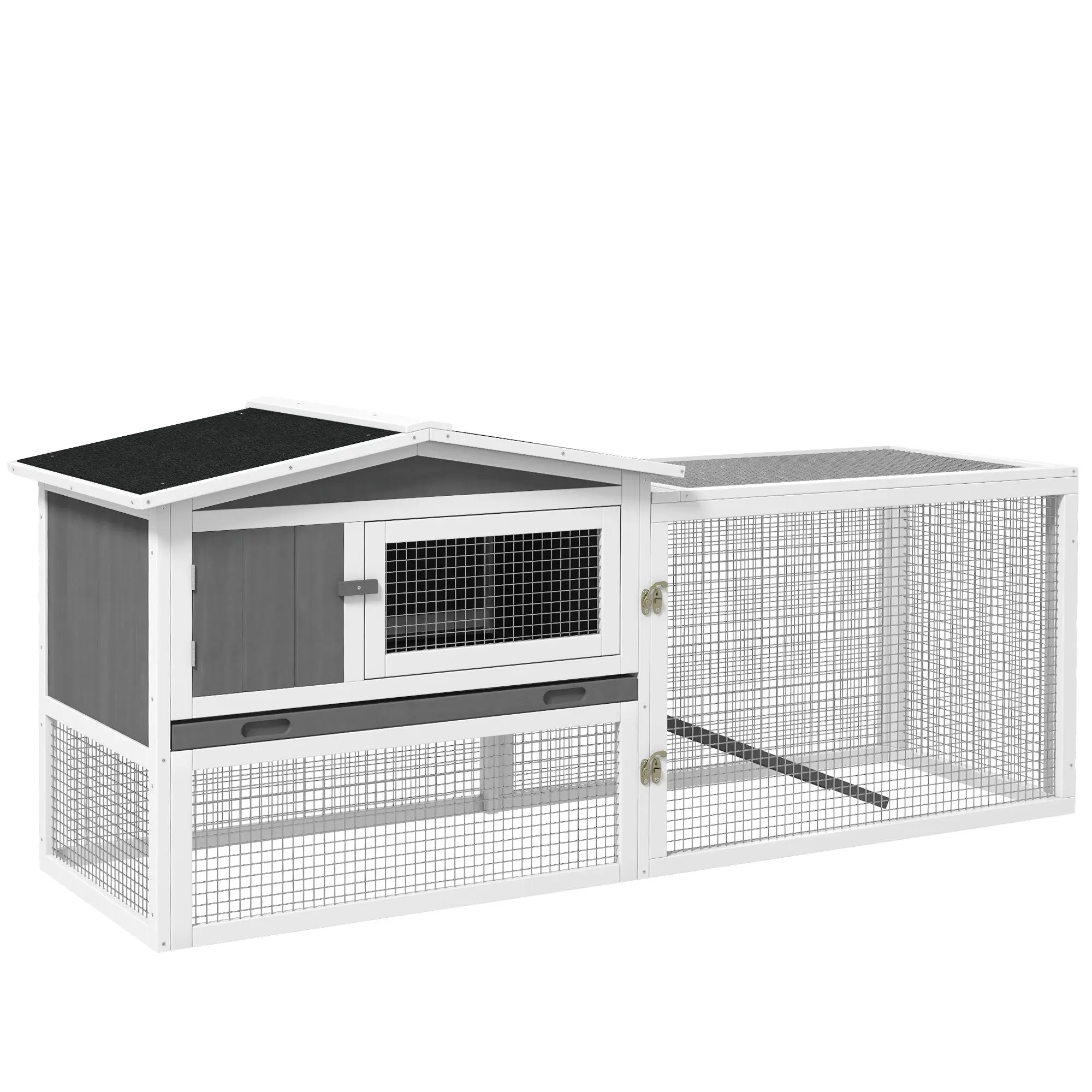 Rabbit Hutch Rabbit Hutch with Run Floor Tray, Ramp, Wooden Small Animal Hutch Guinea Pig Run with 2 Floors, Viewing Window, for Dwarf Rabbits 156x58x68 cm, Light Gray