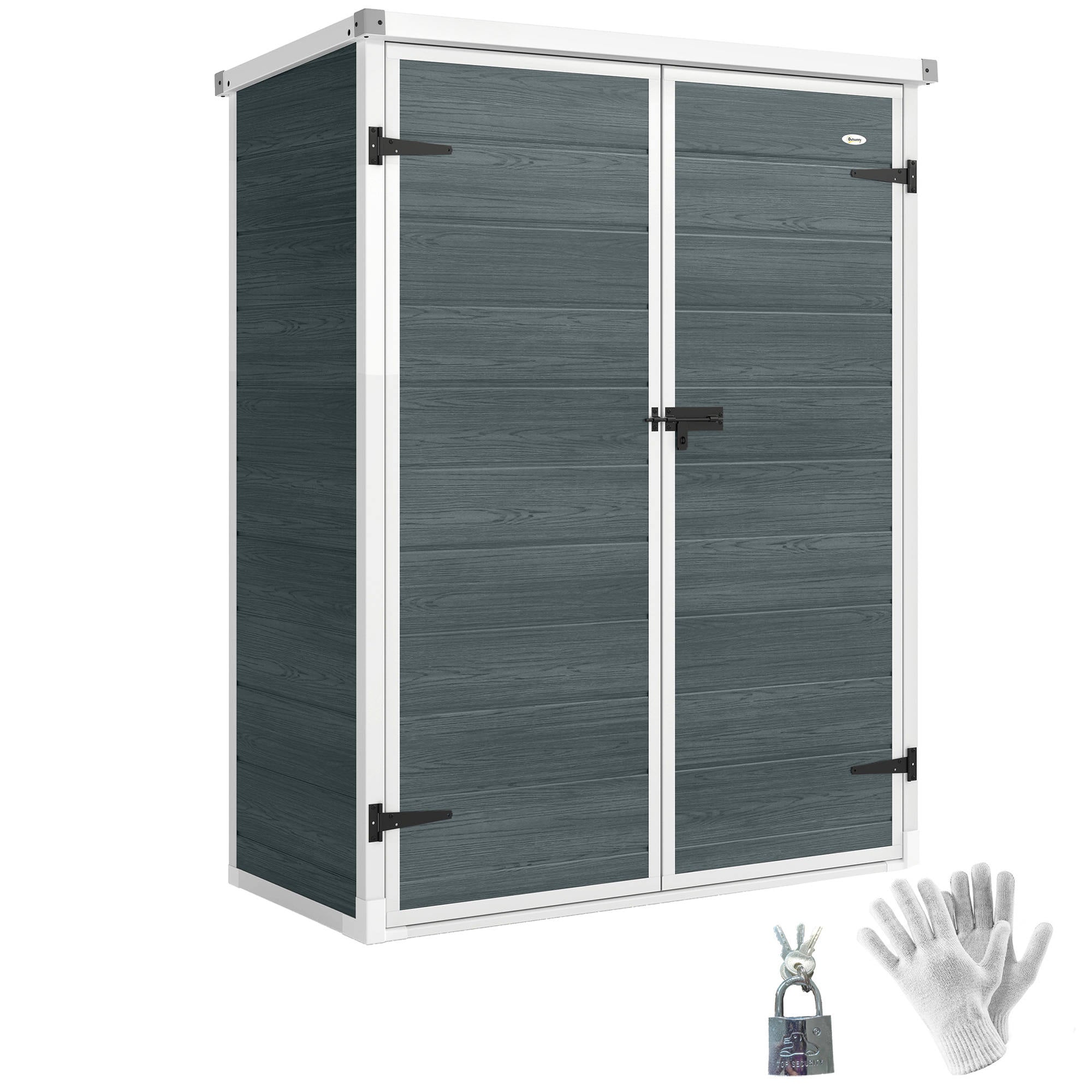 Outsunny kompakt kerti tároló, 0,81 m² — 134 x 68,5 x 170 cm, műanyag ház beépített padlóval, 2 lehajtható polc, dupla zárható ajtó, szürke fa hatás