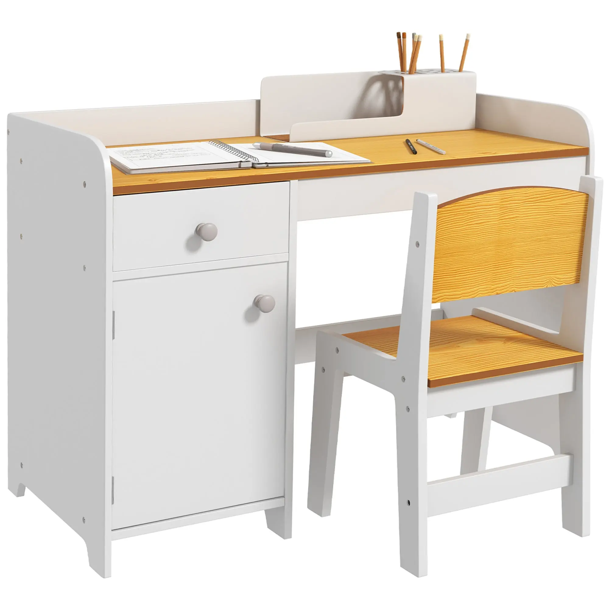 ZONEKIZ 2-Piece Desk Set Children's Desk includes Chair and Table with Drawer and Cabinet for Bedroom White and Natural