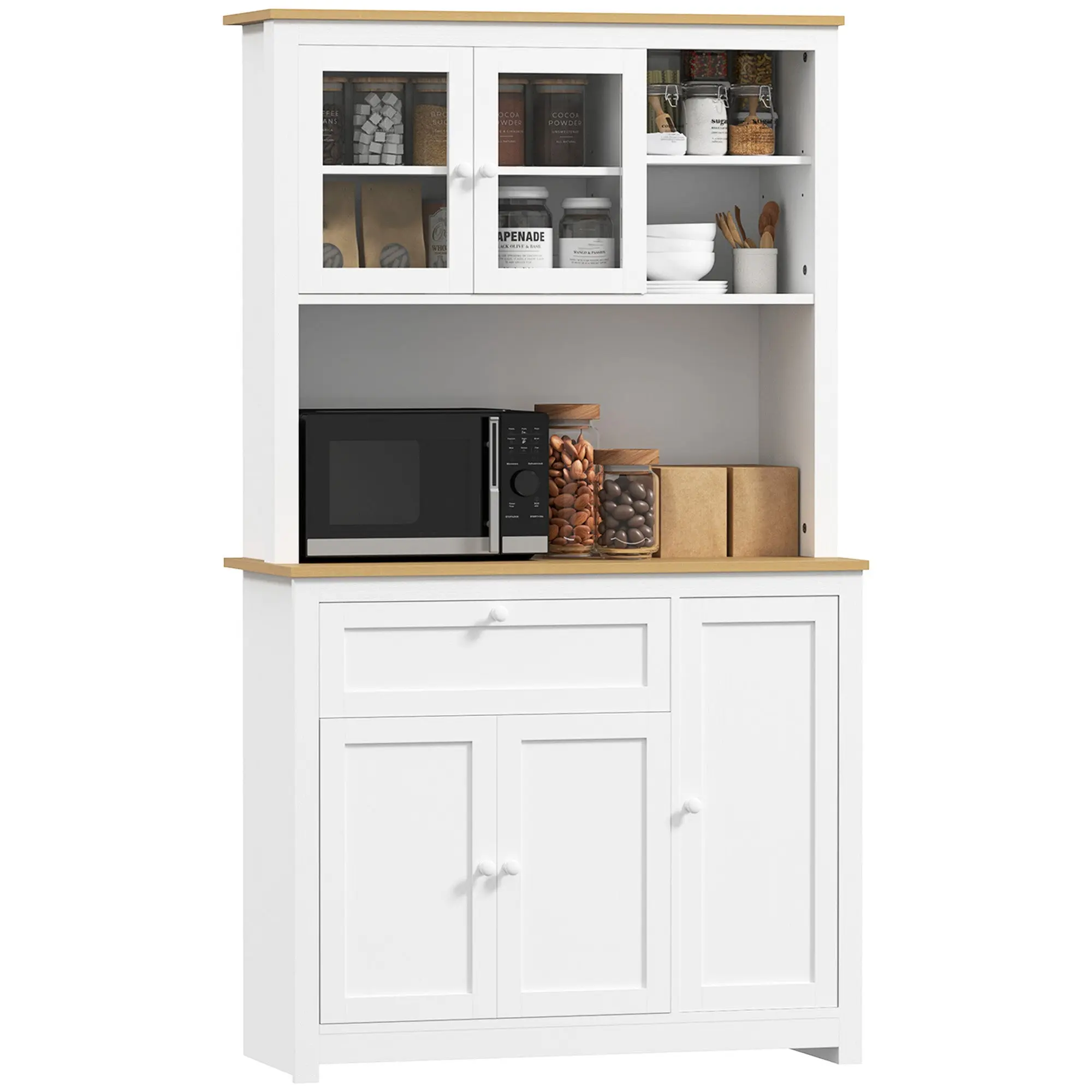Kitchen Cabinet, Kitchen Buffet with Drawer, Multipurpose Cabinet with 2 Open Shelves, 3 Cabinets, Display Cabinet with Tabletop for Living Room, White, 100 x 40 x 180 cm