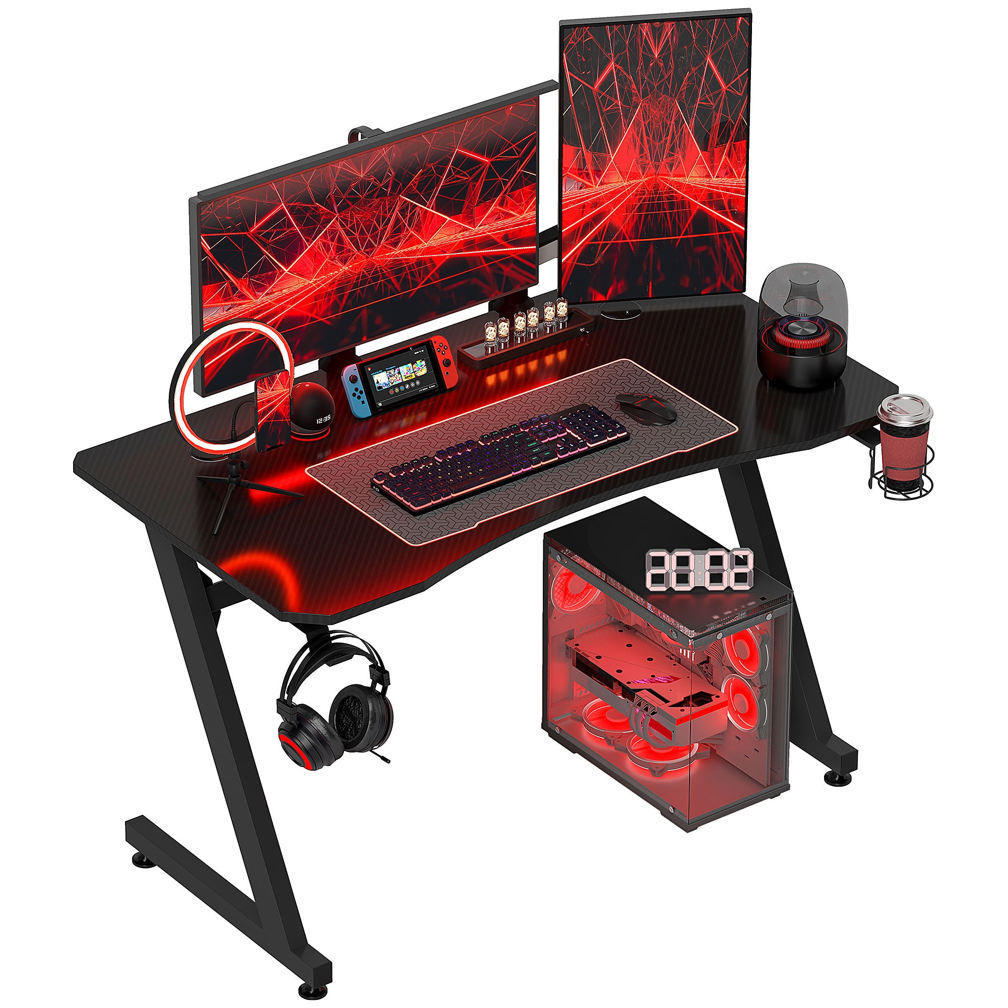 HOMCOM Herní stůl 120x65x74,5 cm Ergonomický herní stůl pro PC s držákem na hrníček, háčkem na sluchátka a nastavitelnými nohami v černém provedení s efektem karbonu