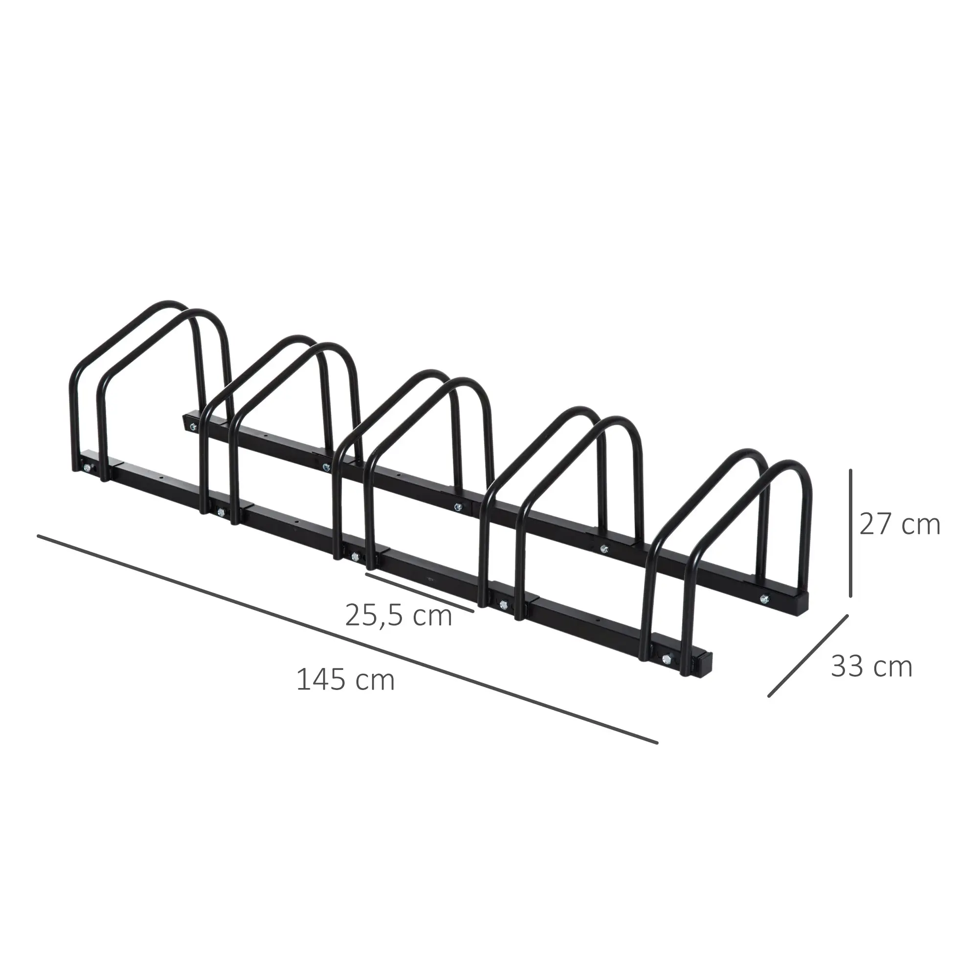 5-Bike Rack Bike Storage Support Rack for Tire up to 65 mm in 145L x 33W x 27H cm Black Steel