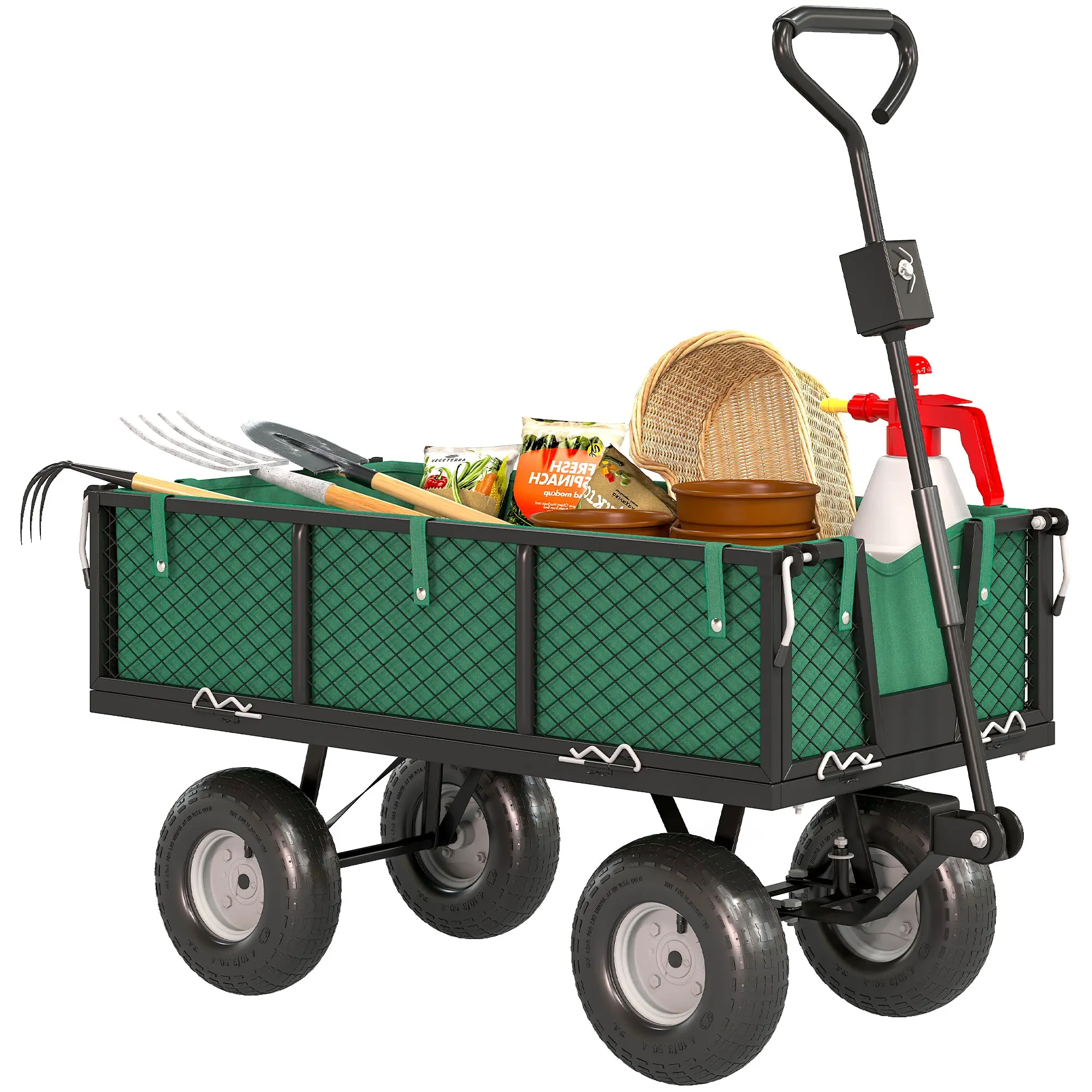 114 L Garden Cart — Heavy-Duty Steel Beach Wagon with Removable Sides & Waterproof Storage Bag, 4 Large Wheels, 441 lb Capacity, 41.3 x 20.1 x 21.3 in, Green