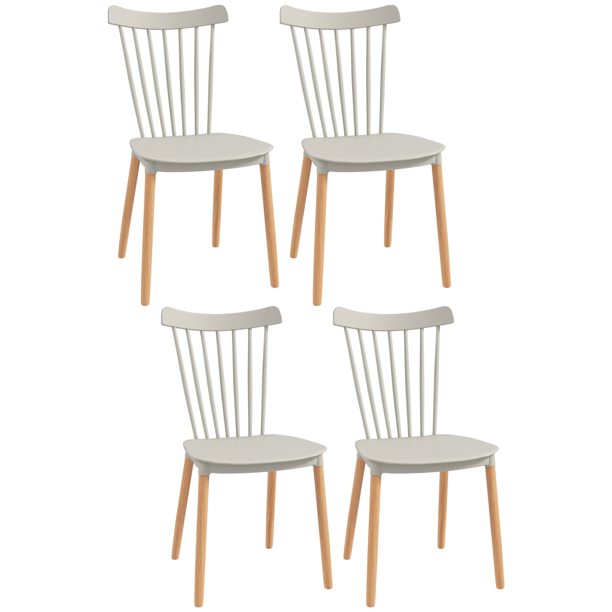 HOMCOM Sæt af 4 Nordisk Stil Spisestole med Høj Ryg, Polypropylen Sæde og Bøg Træ Ben 120 kg Kapacitet 48x52,5x83 cm Grå