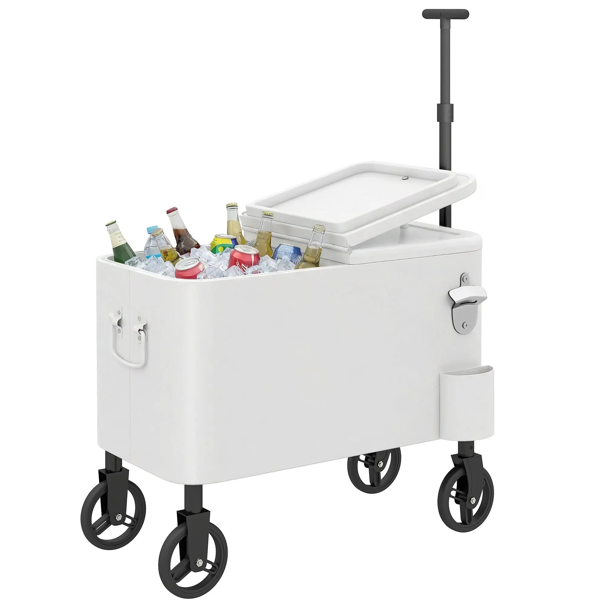 56 L Wheeled Cooler Cart with Adjustable Handle, Bottle Opener, Cap Collector, Drain & Handle — Outdoor Patio Cooler Table for Garden, Party, BBQ — 29.5 x 13.8 x 47.2 in, White